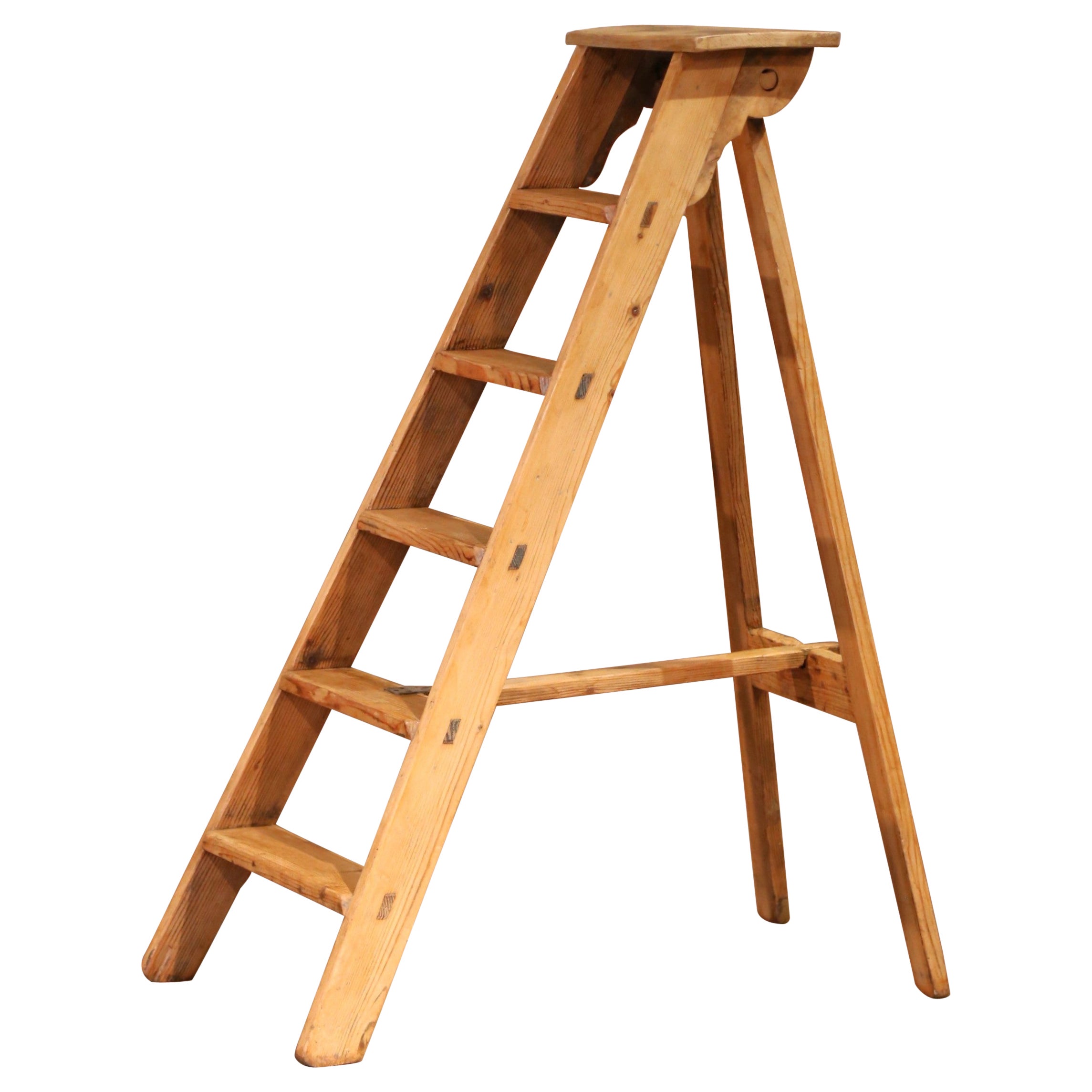 19th C. French Pine Folding Six-Step Ladder with Locking Bar Mechanism For Sale