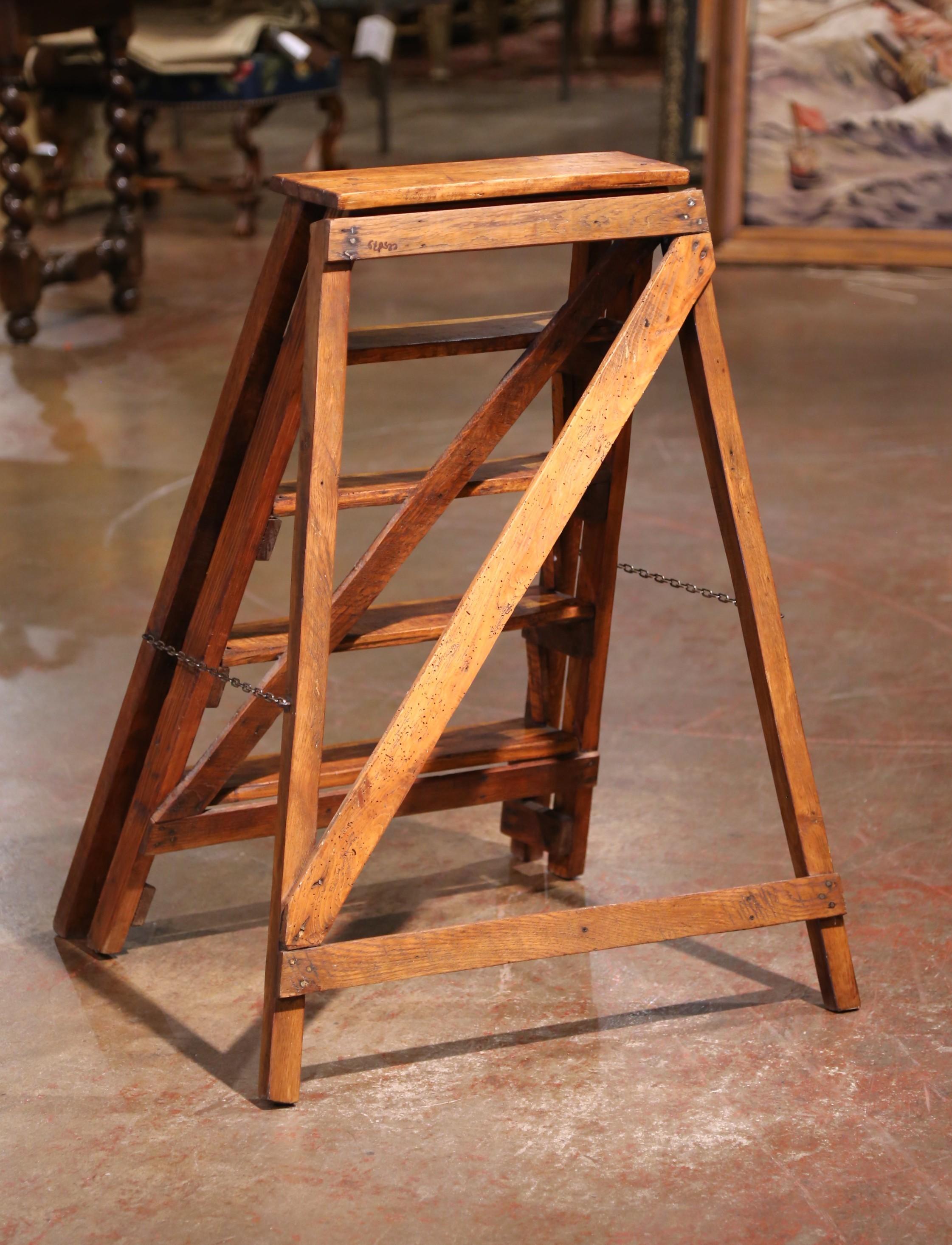 19th C. French Poplar and Pine Five-Step Folding Ladder with Chain Supports For Sale 4