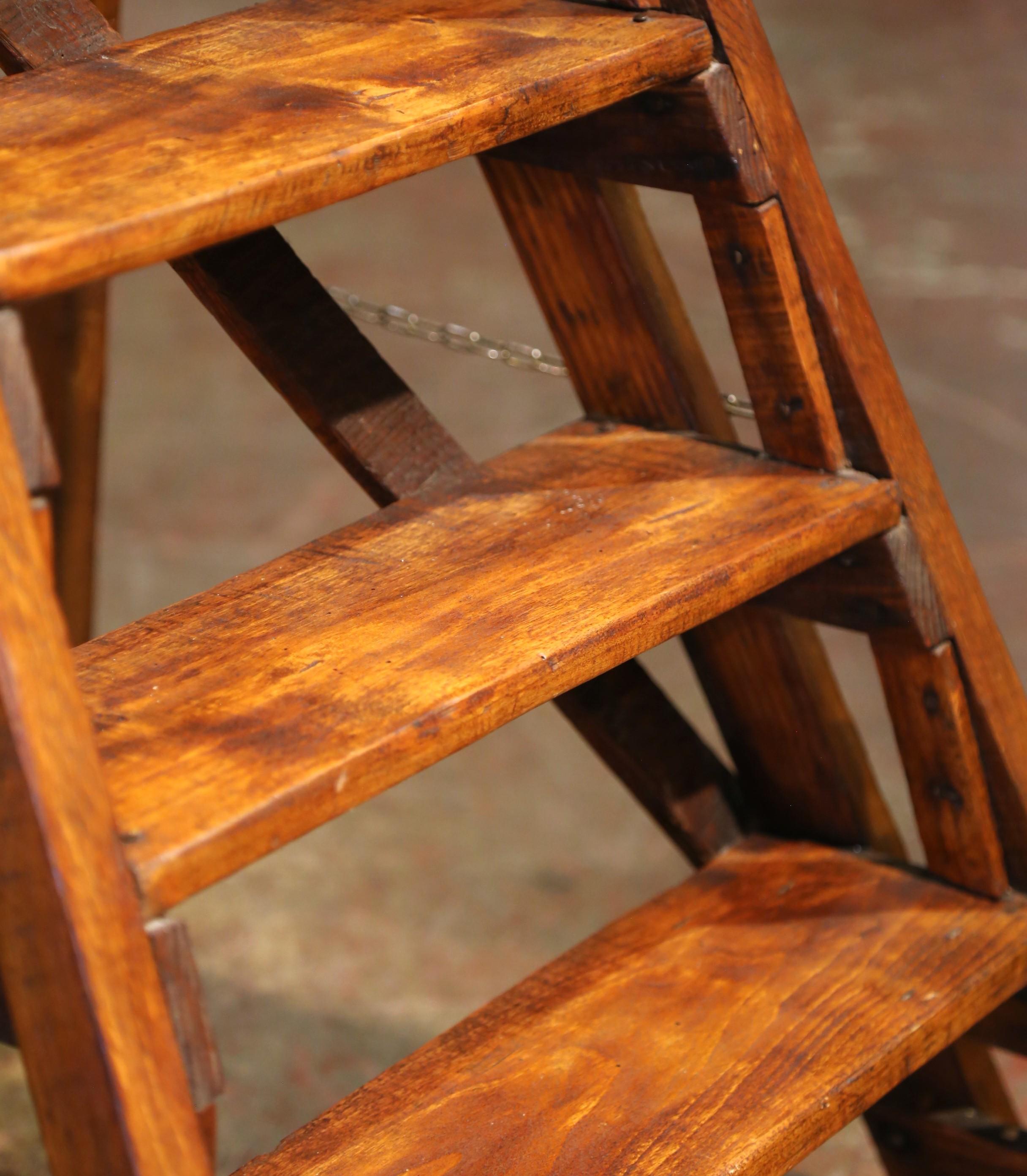 Country 19th C. French Poplar and Pine Five-Step Folding Ladder with Chain Supports For Sale