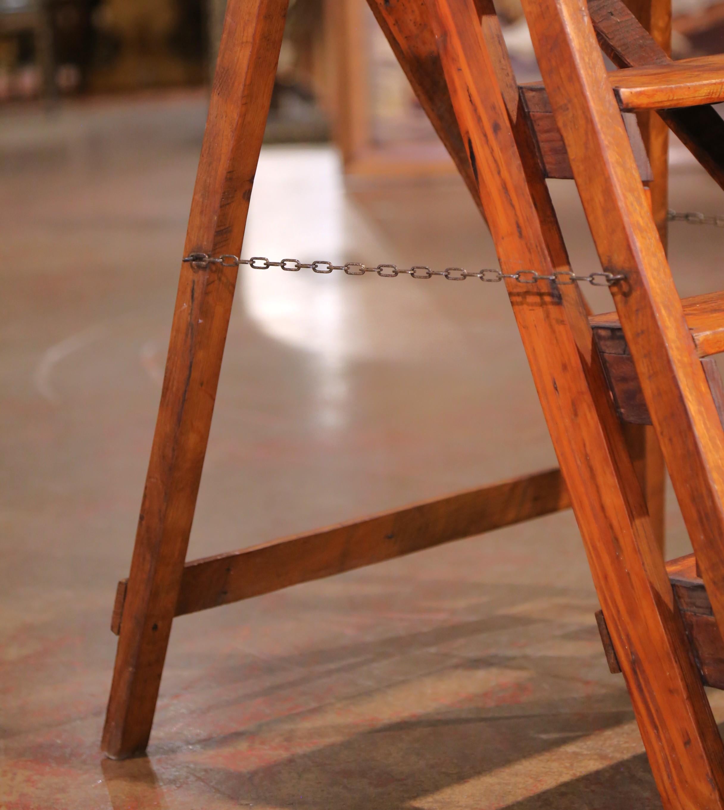 Hand-Carved 19th C. French Poplar and Pine Five-Step Folding Ladder with Chain Supports For Sale