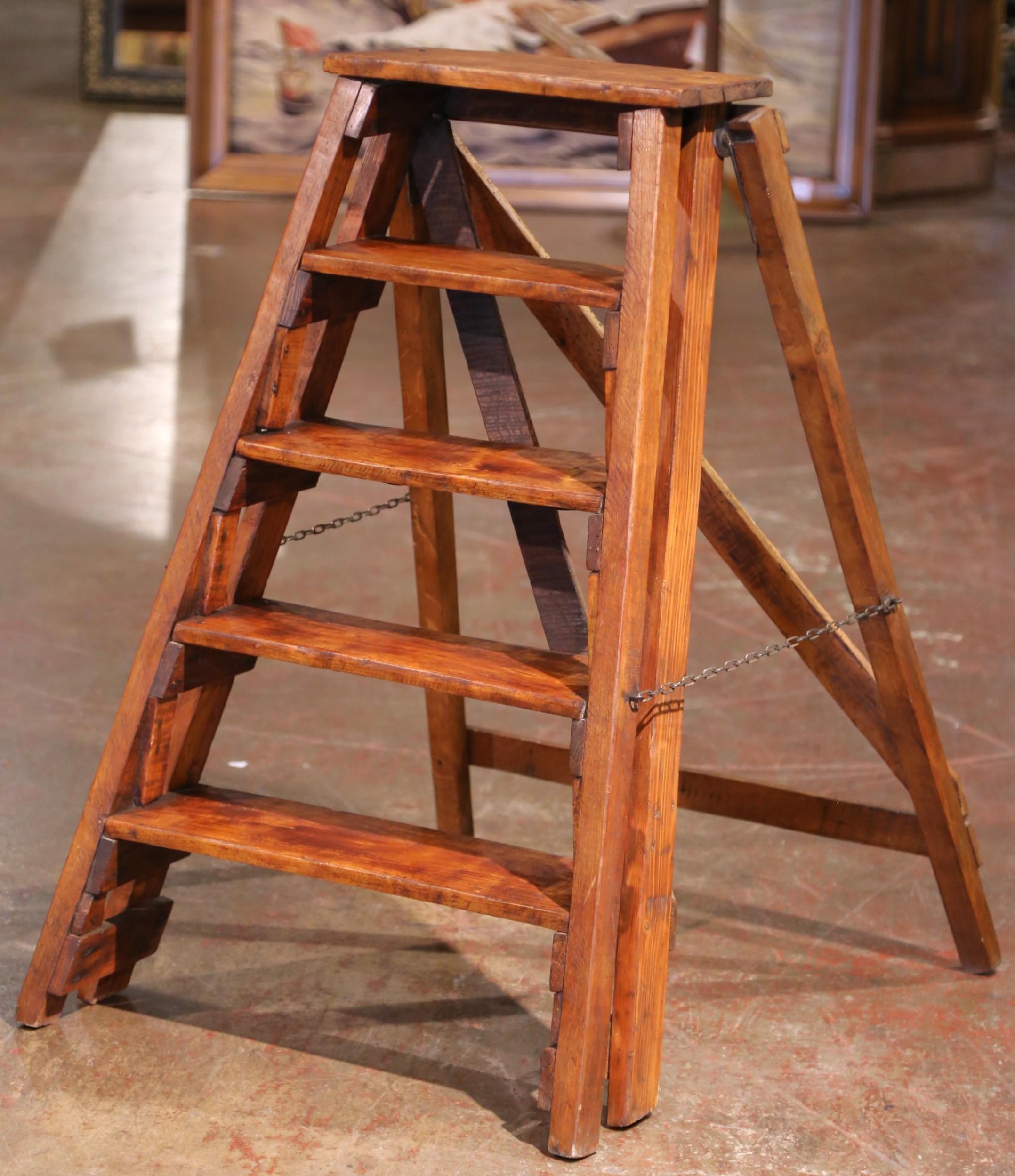 19th Century 19th C. French Poplar and Pine Five-Step Folding Ladder with Chain Supports For Sale