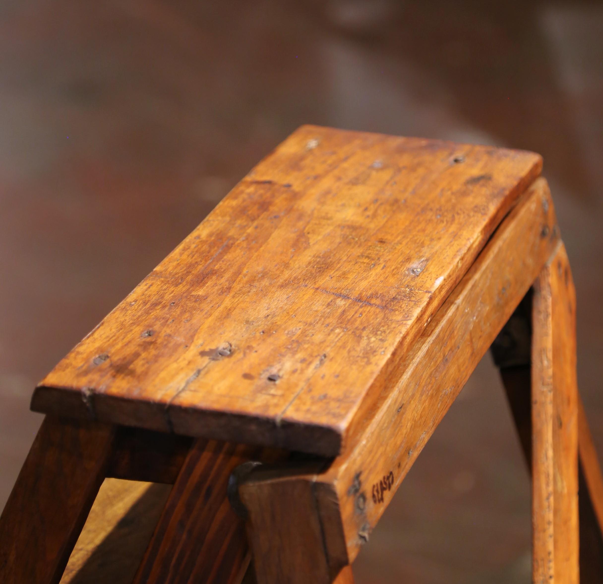 19th C. French Poplar and Pine Five-Step Folding Ladder with Chain Supports For Sale 1