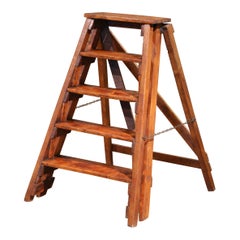 19th C. French Poplar and Pine Five-Step Folding Ladder with Chain Supports