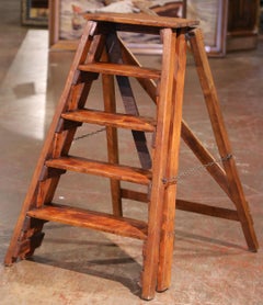 19th C. French Poplar and Pine Five-Step Folding Ladder with Chain Supports