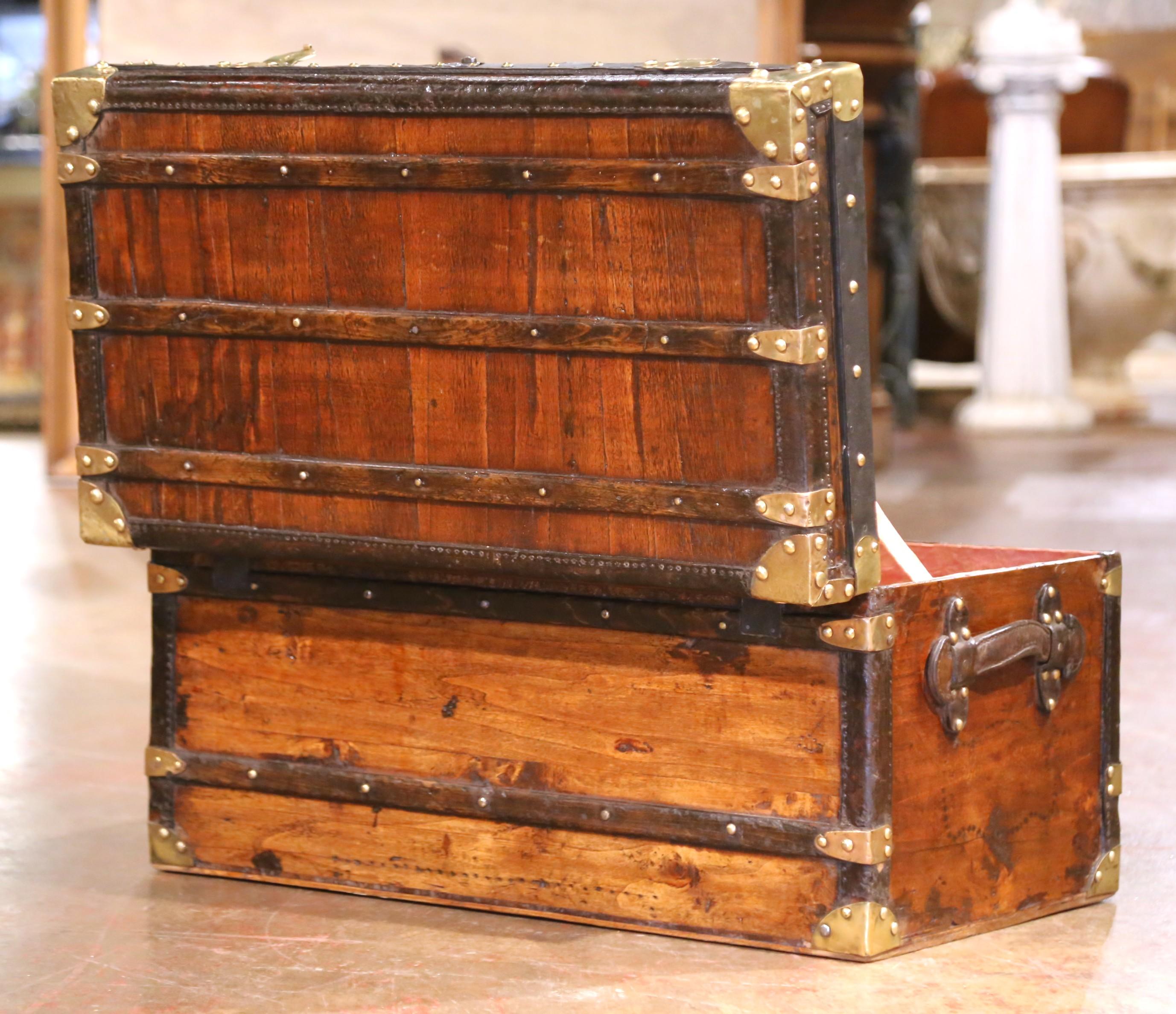 19th C. French Poplar, Metal and Brass-Bound Travel Trunk Stamped B.B. Paris For Sale 6