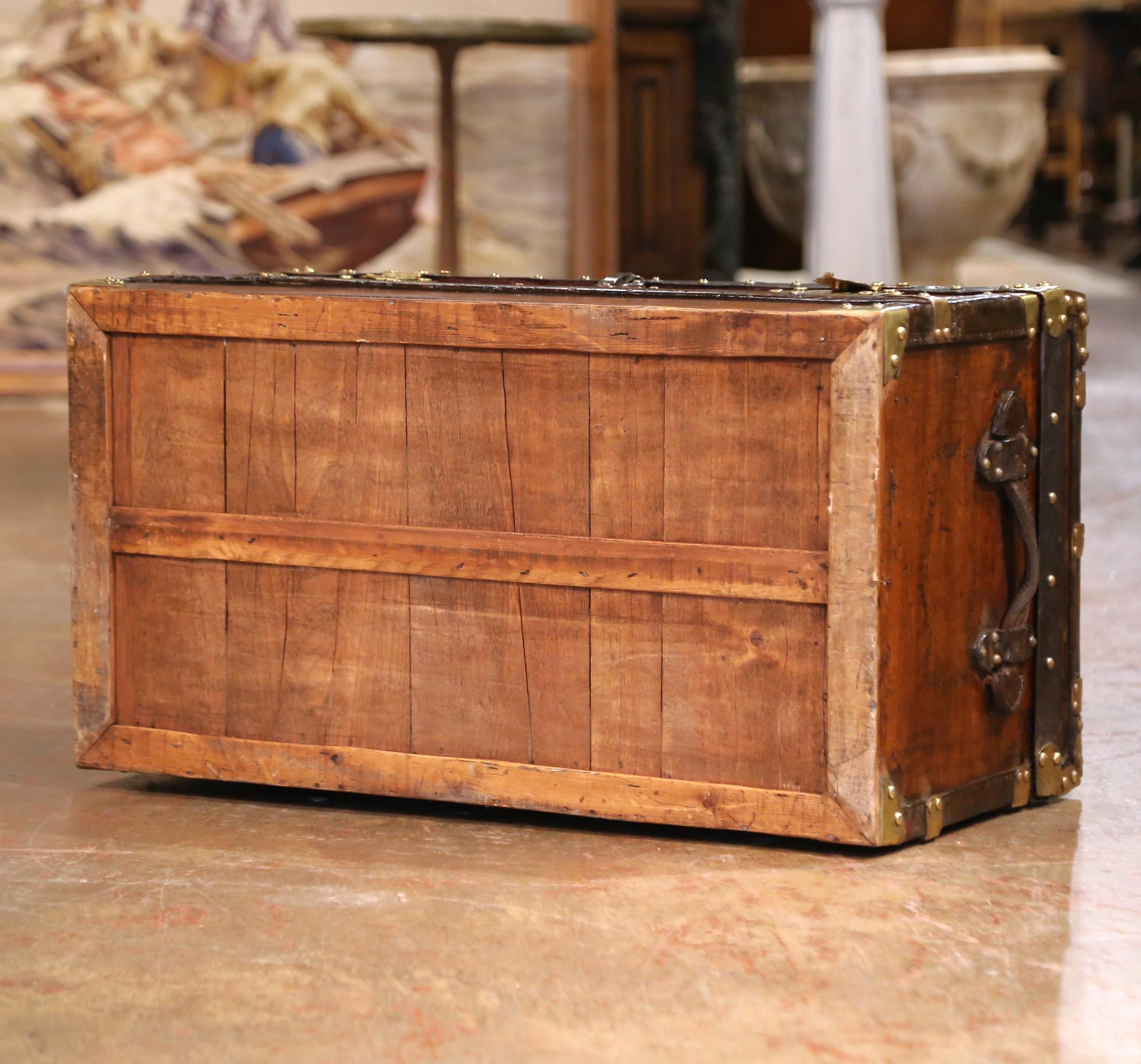 19th C. French Poplar, Metal and Brass-Bound Travel Trunk Stamped B.B. Paris For Sale 8
