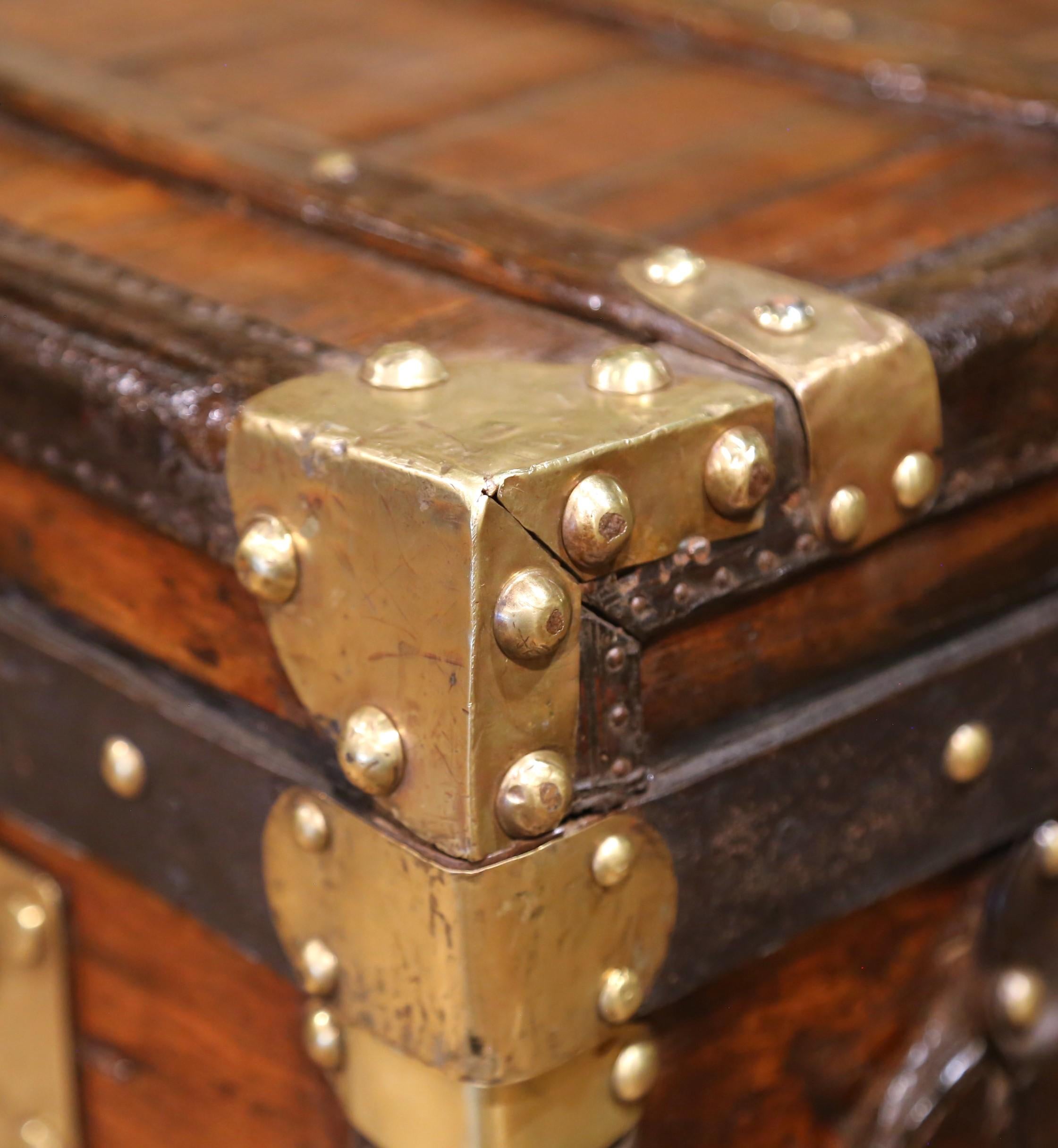 Hand-Crafted 19th C. French Poplar, Metal and Brass-Bound Travel Trunk Stamped B.B. Paris For Sale