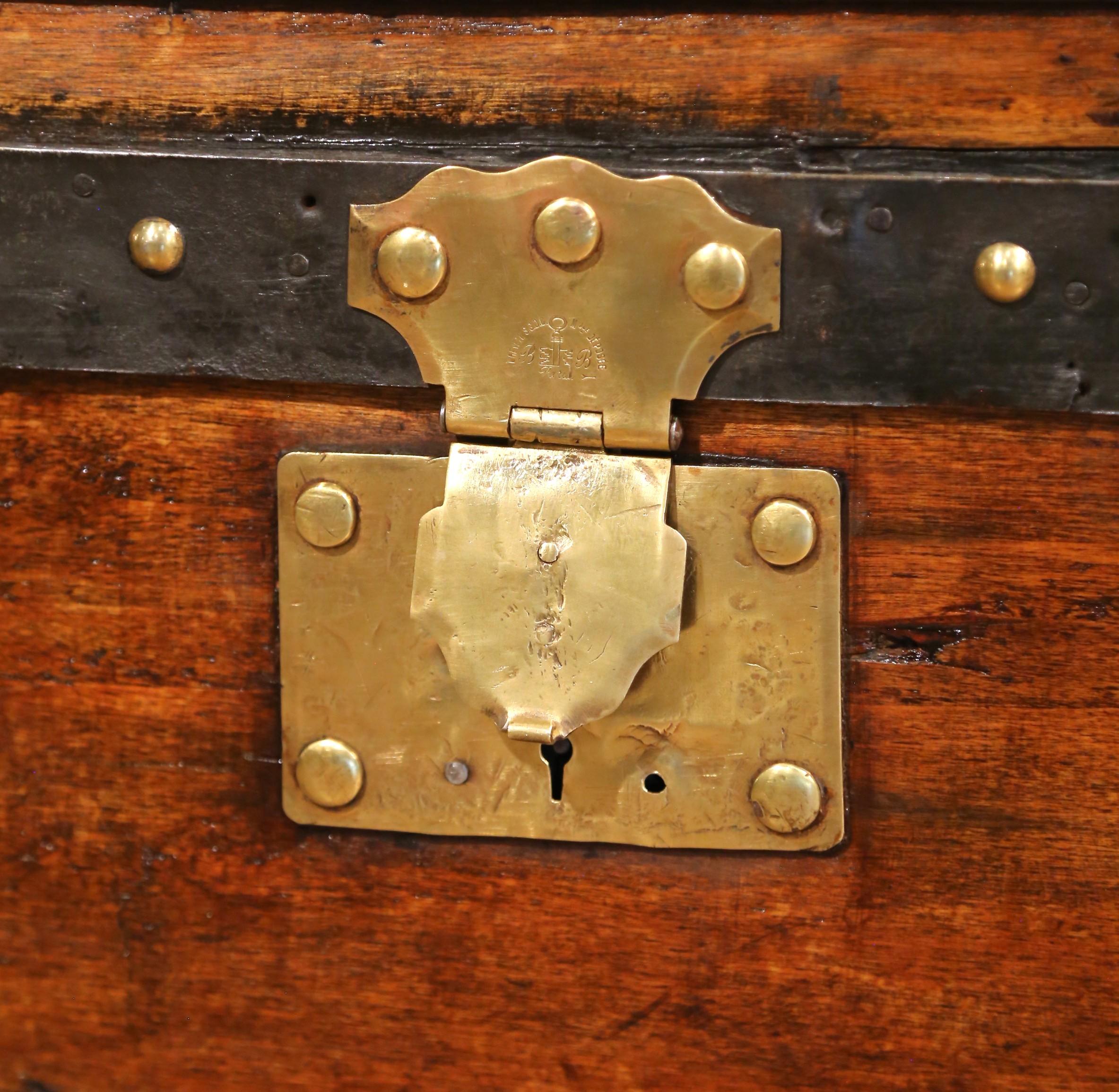 19th Century 19th C. French Poplar, Metal and Brass-Bound Travel Trunk Stamped B.B. Paris For Sale