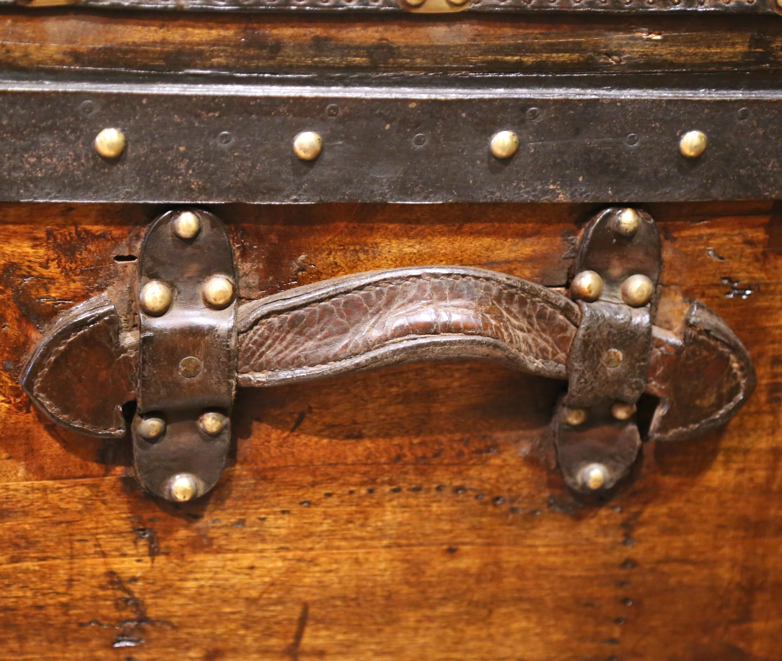 19th C. French Poplar, Metal and Brass-Bound Travel Trunk Stamped B.B. Paris For Sale 3