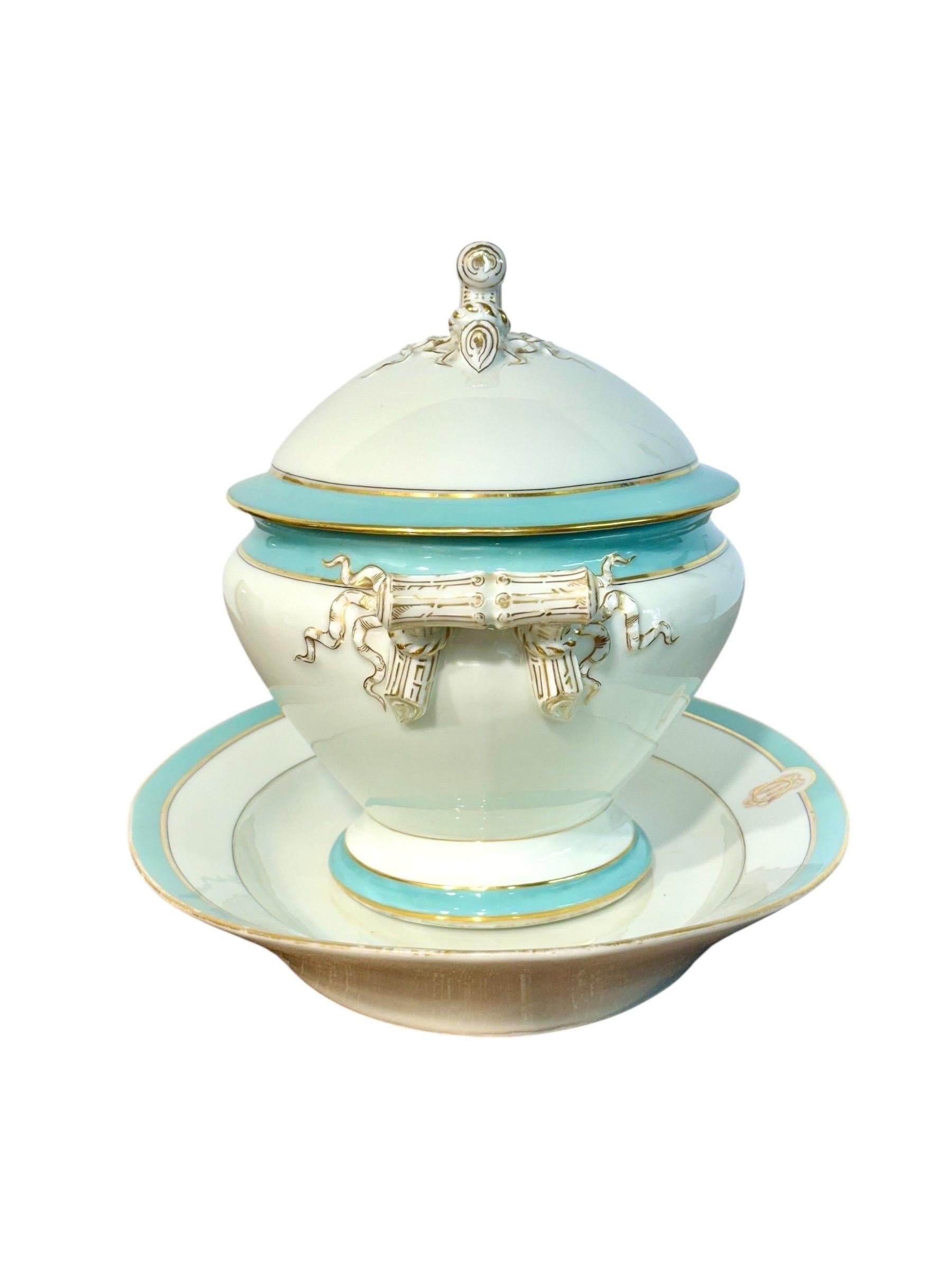 This exceptional porcelain soup tureen with its matching tray is a fine example of 19th-century French tableware, produced by the distinguished manufactory Lehailleux & Pepin, based in Vierzon and Paris. The maker’s mark beneath the tray confirms