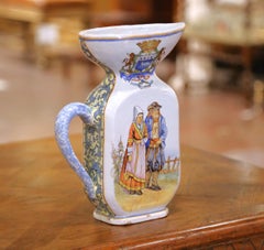 19th C. French Porquier-Beau Quimper Pitcher Vase with Coat of Arms & Bretons
