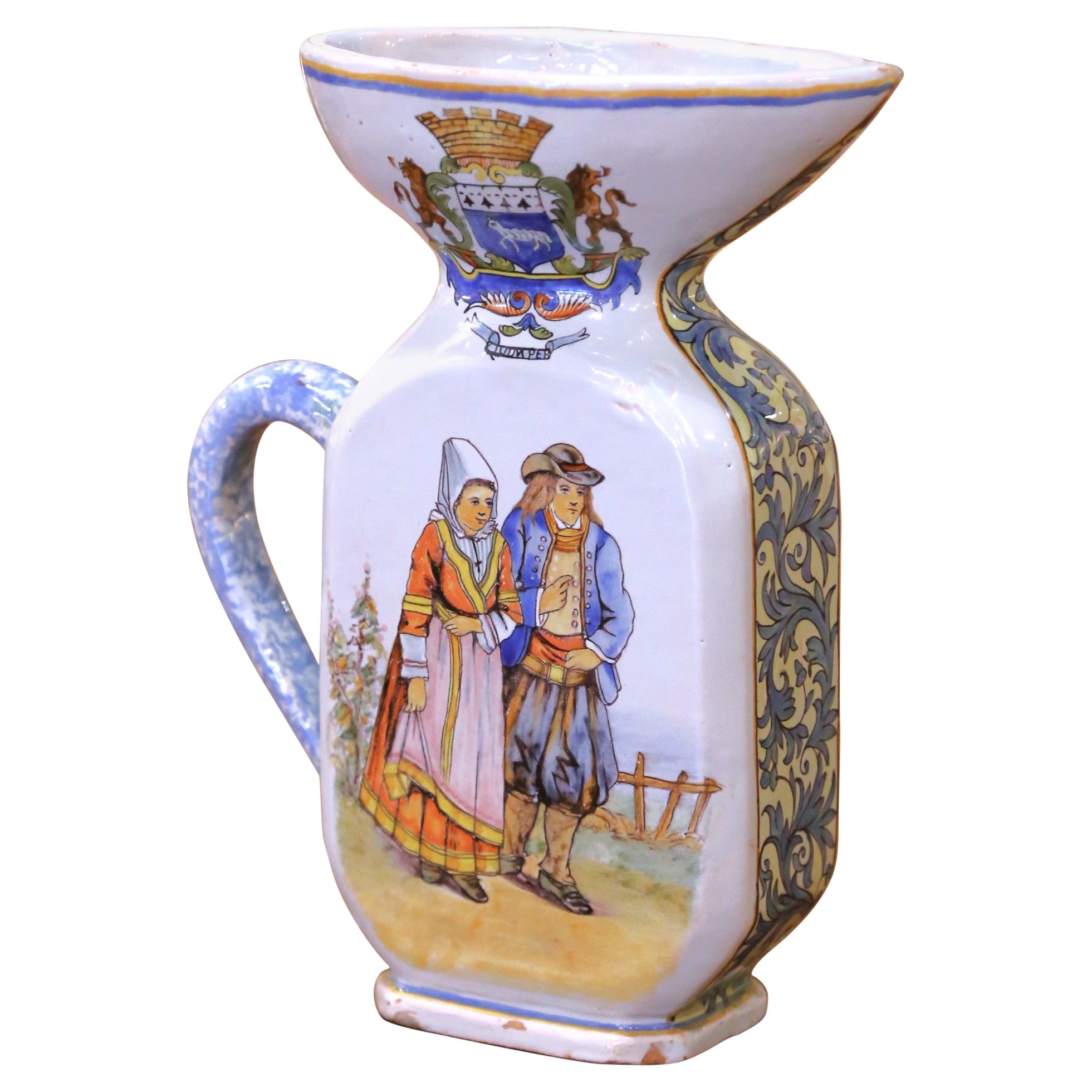 19th C. French Porquier-Beau Quimper Pitcher Vase with Coat of Arms 
Bretons