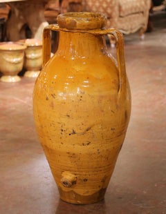 19th C. French Provencal Glazed Terracotta Olive Oil Jar with Handles and Spout