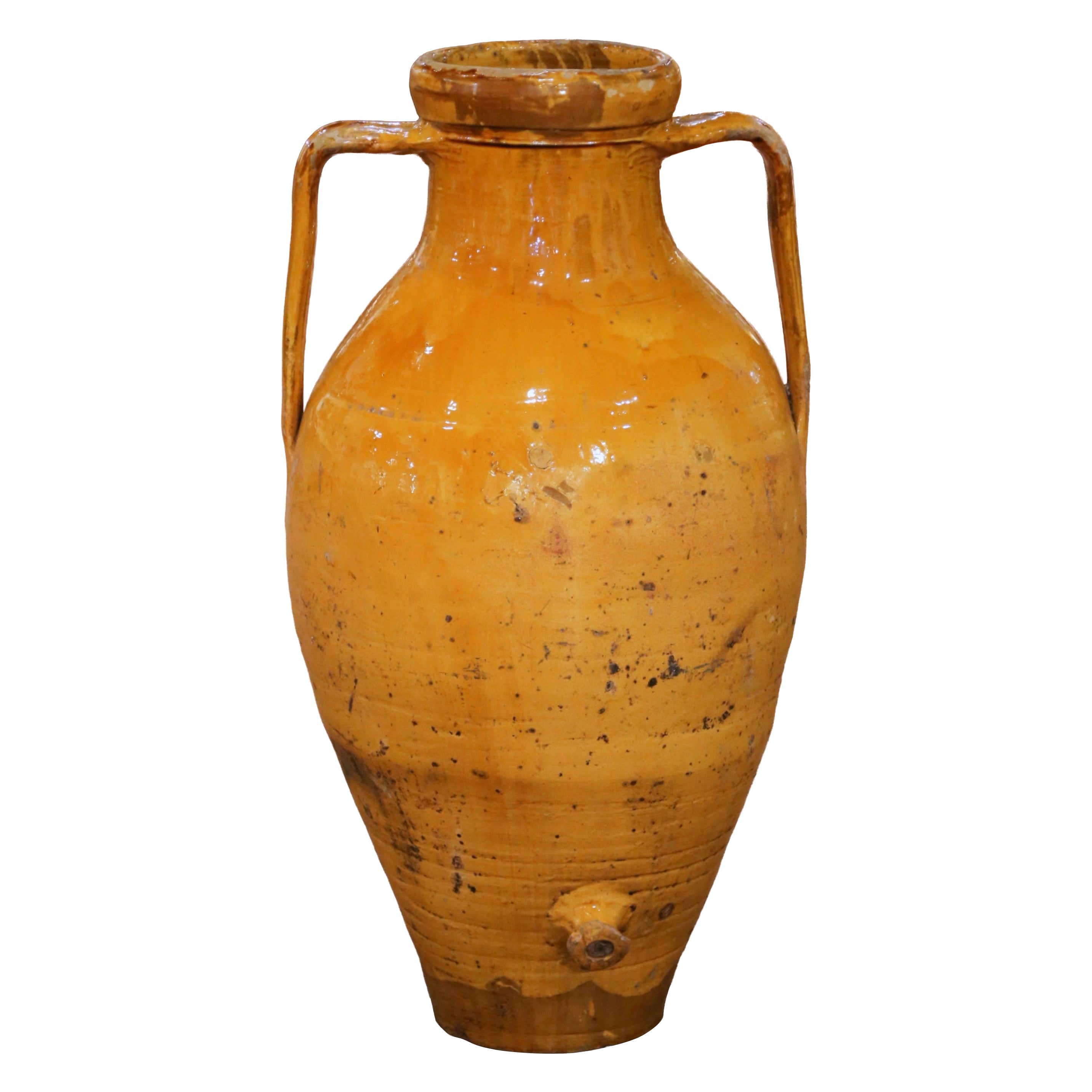 A.I.C., vaso da olio in terracotta smaltata francese del XIX secolo con manici e beccuccio