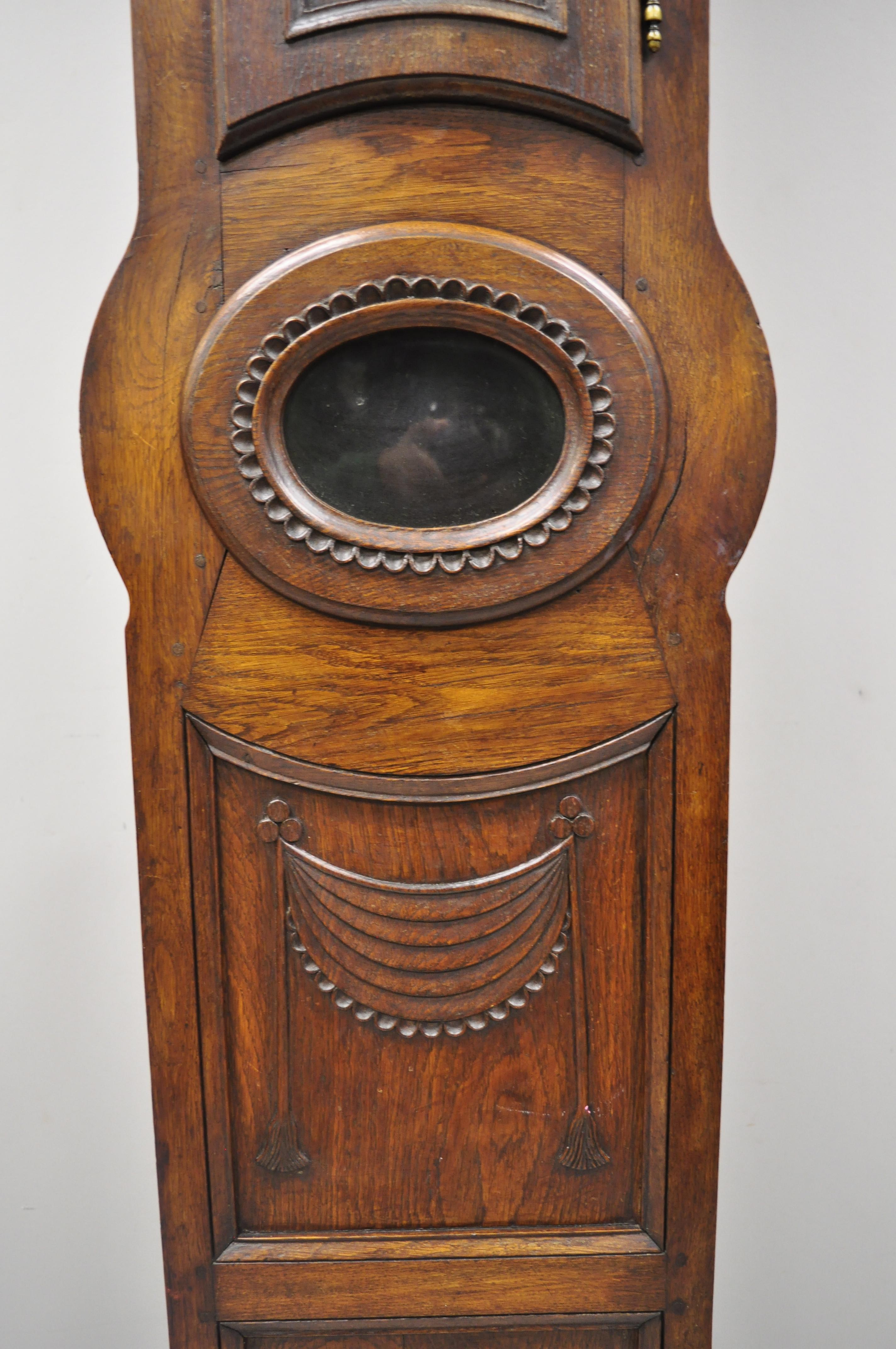 French Provincial Carved Fruitwood Walnut Grandfather Clock Tall Case In Good Condition In Philadelphia, PA