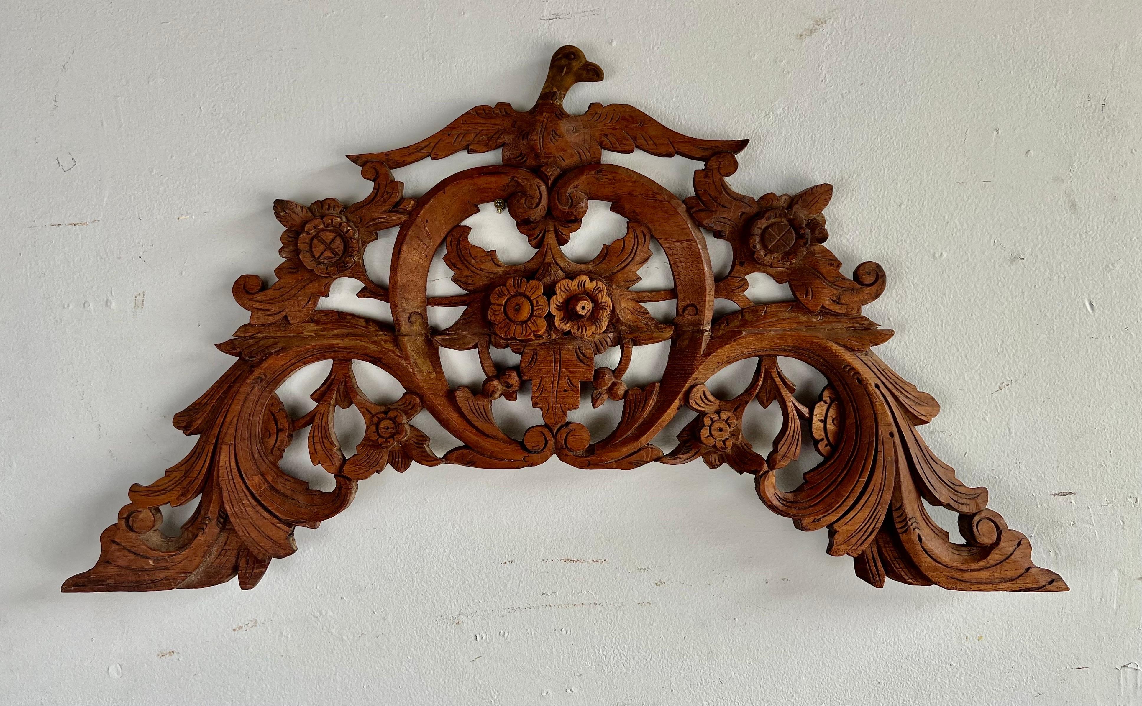 19th century French Provincial style hand carved wood fragment of flowers acanthus leaves & single bird.