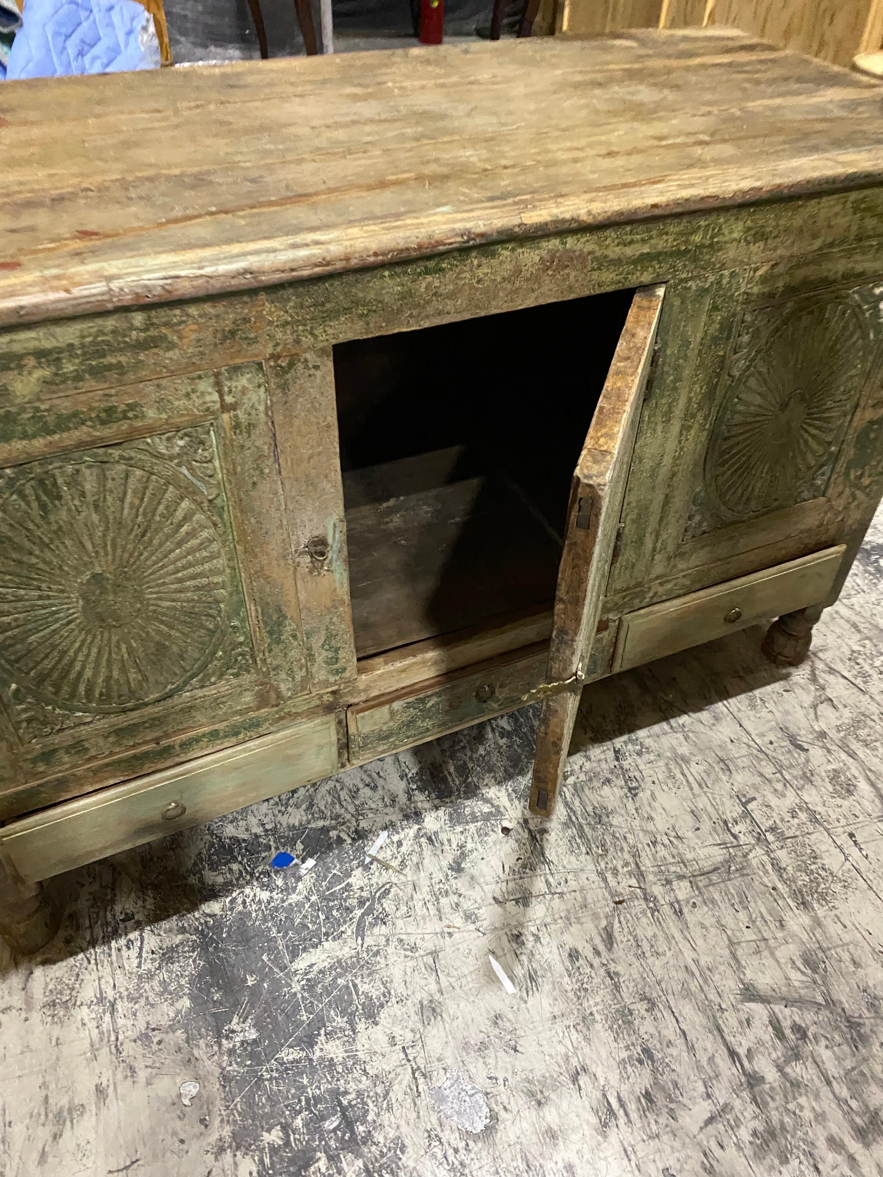 19th C French Provincial Green Painted Carved Cabinet 4