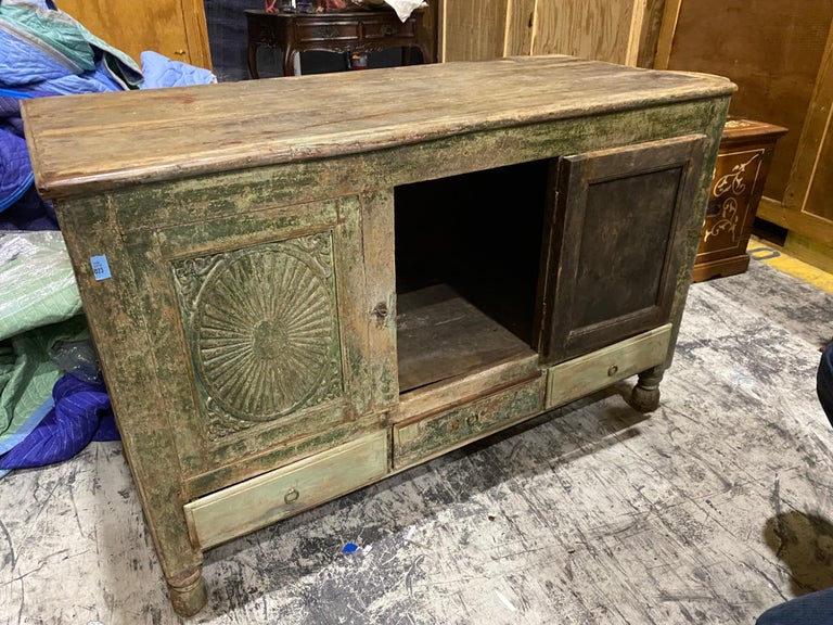 19th C French Provincial Green Painted Carved Cabinet For Sale 1