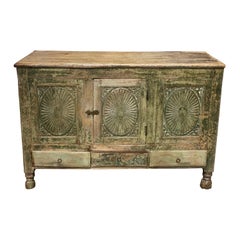 Antique 19th C French Provincial Green Painted Carved Cabinet