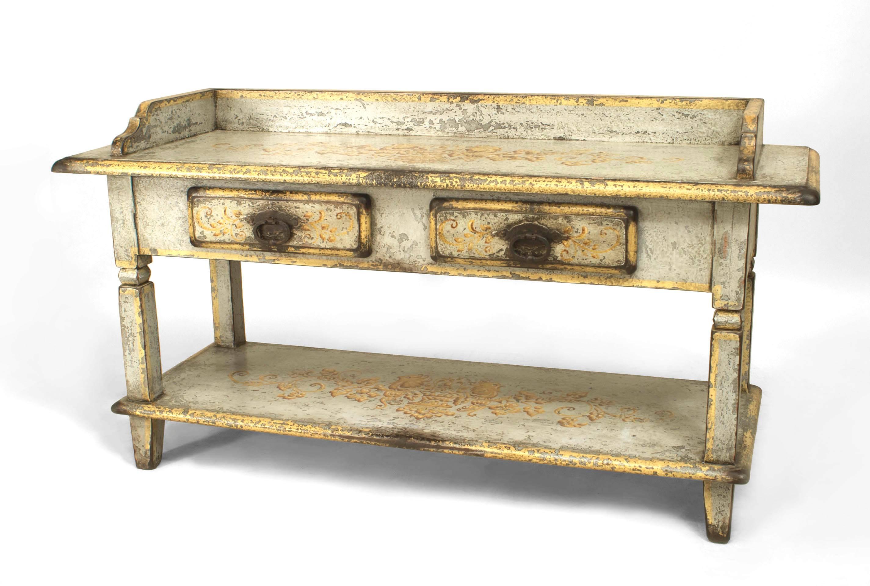 French Provincial (19th Century) grey painted serving/work table with gold decorated top and shelf with a back rail and 2 drawers.
