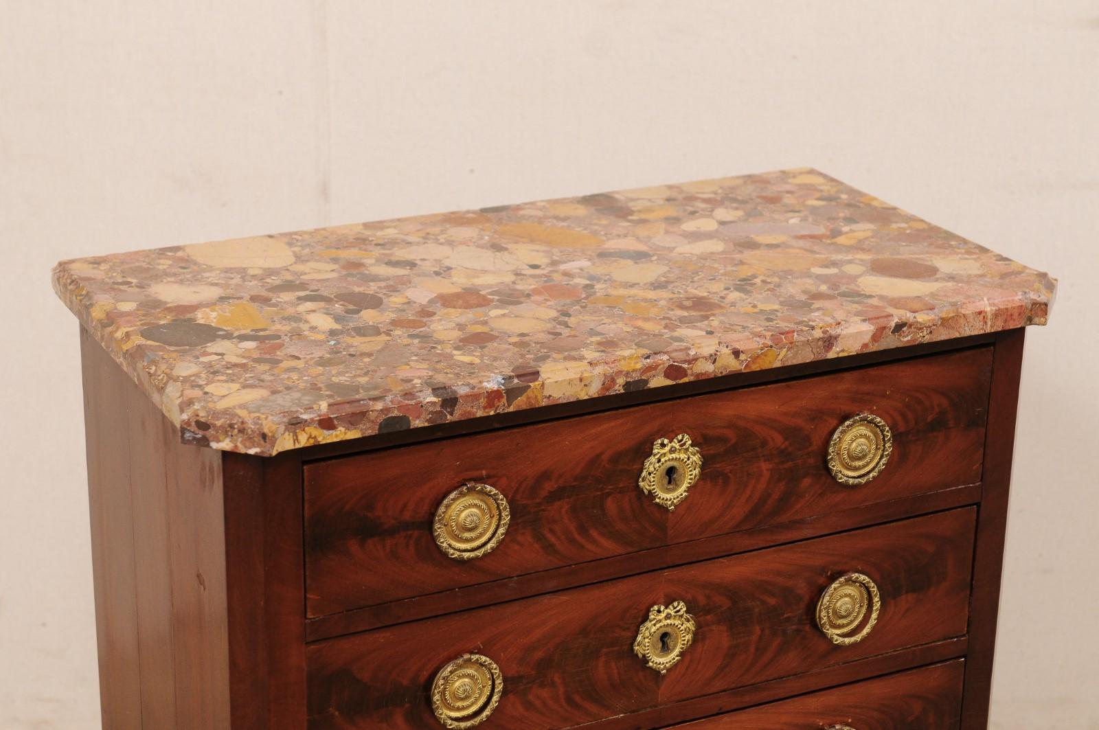 19th Century 19th C French Raised Commode with Scagliola Stone Top and Brass Accents For Sale