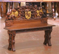 19th C. French Renaissance Carved Oak and Gilt Hall Bench with Heraldic Crest