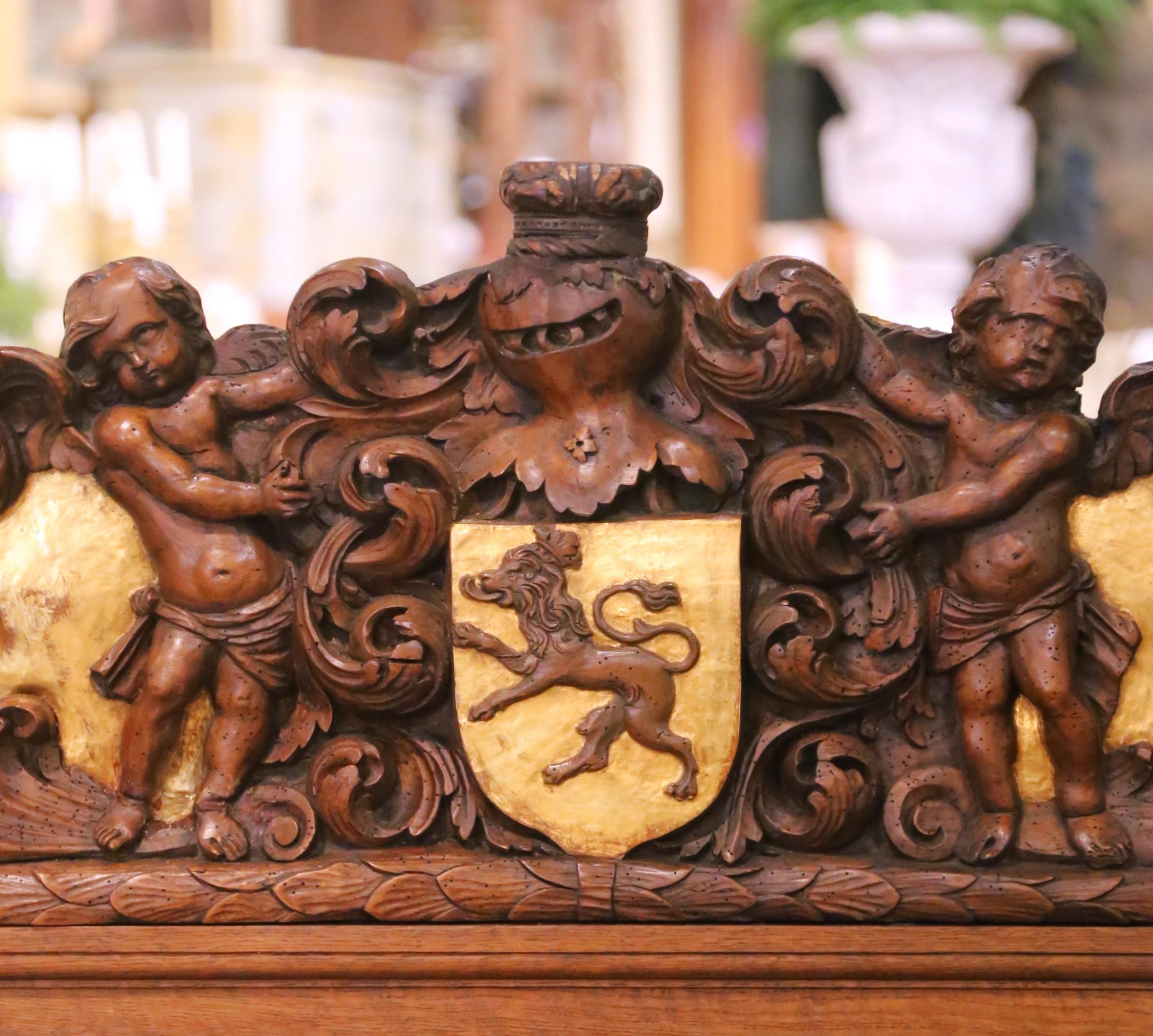 19th C. French Renaissance Carved Oak and Gilt Hall Bench with Heraldic ...