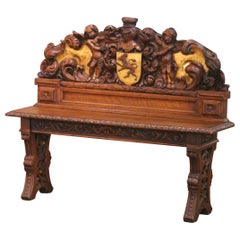 19th C. French Renaissance Carved Oak and Gilt Hall Bench with Heraldic Crest