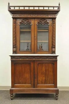 19th C. French Renaissance Carved Walnut Marble Top Bookcase Buffet Cabinet