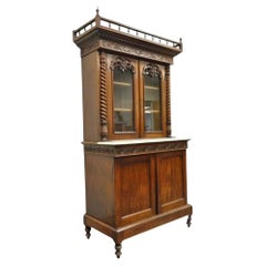 19th C. French Renaissance Carved Walnut Marble Top Bookcase Buffet Cabinet