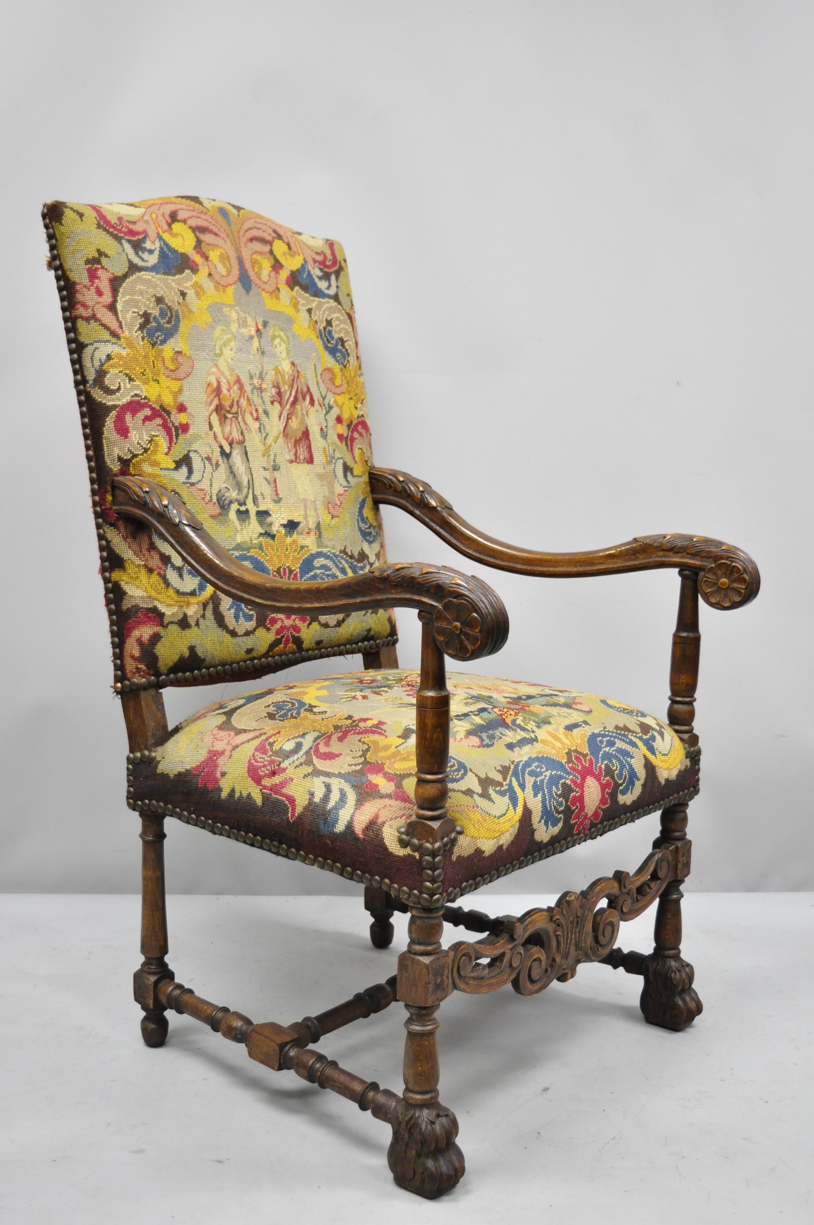 French Renaissance Needlepoint Upholstery Carved Walnut Throne Armchair For Sale 4
