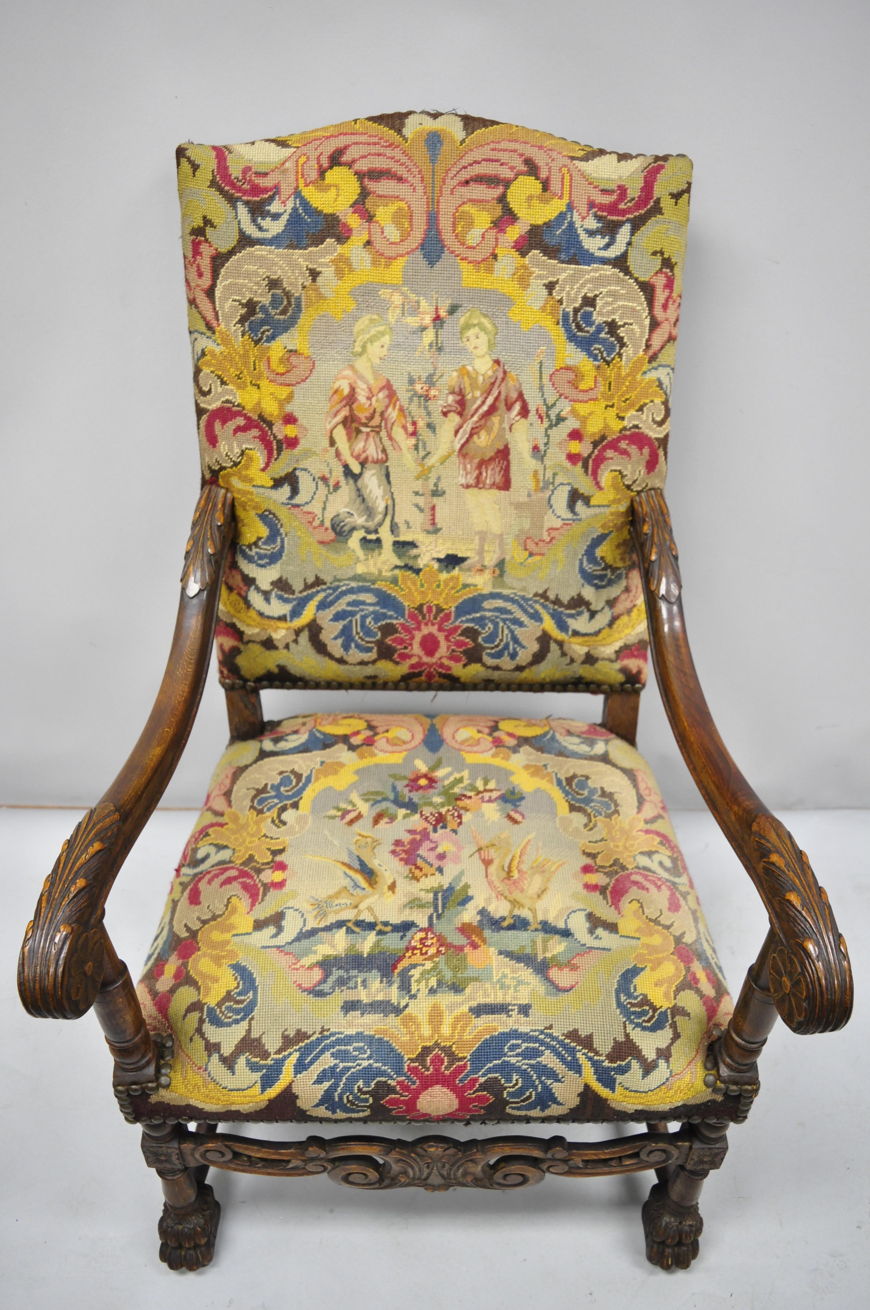 19th century French Renaissance needlepoint upholstery carved walnut throne armchair French Renaissance needlepoint upholstery carved walnut throne armchair. Item features figural needlepoint back and seat, solid wood construction, finely carved