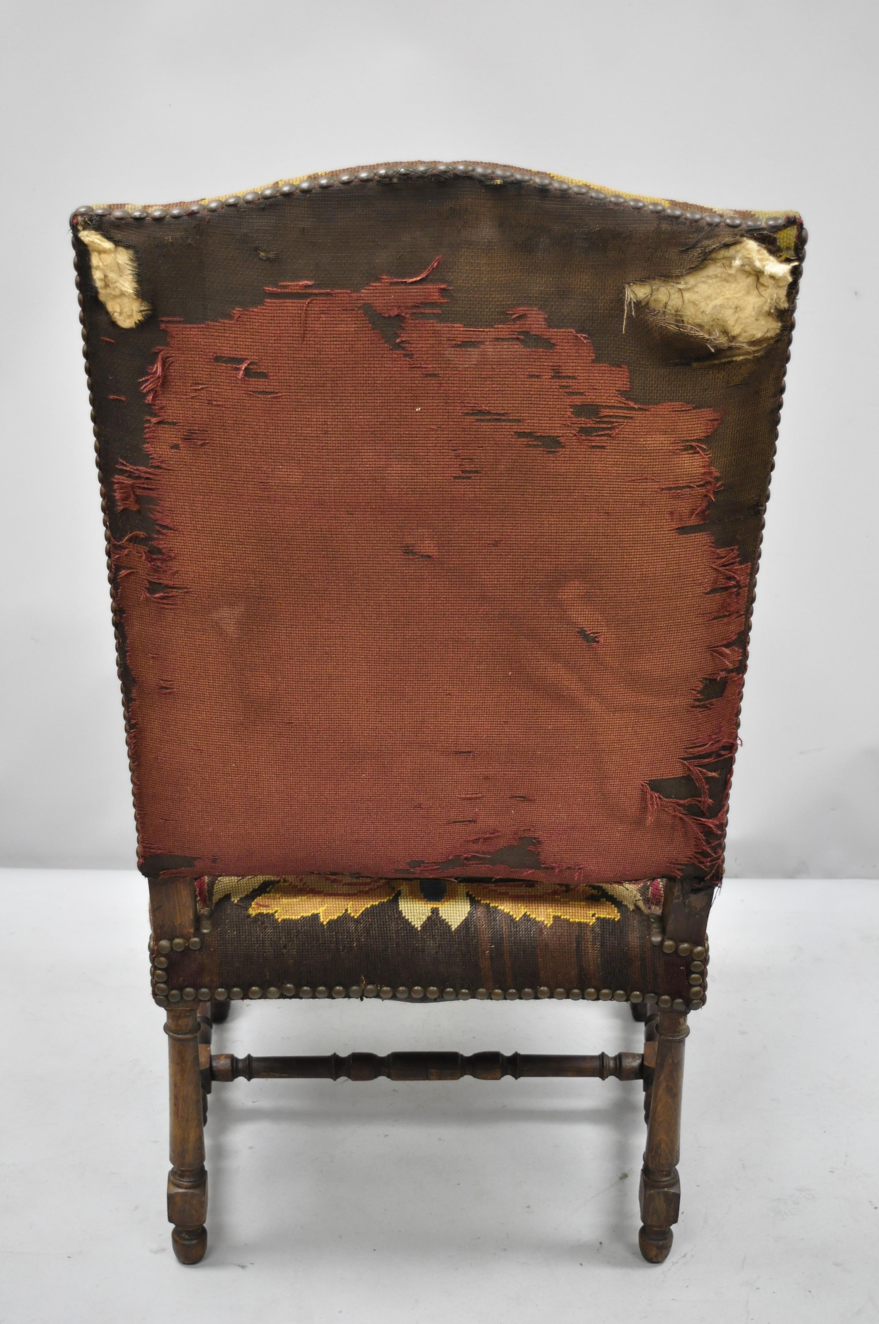 19th Century French Renaissance Needlepoint Upholstery Carved Walnut Throne Armchair For Sale