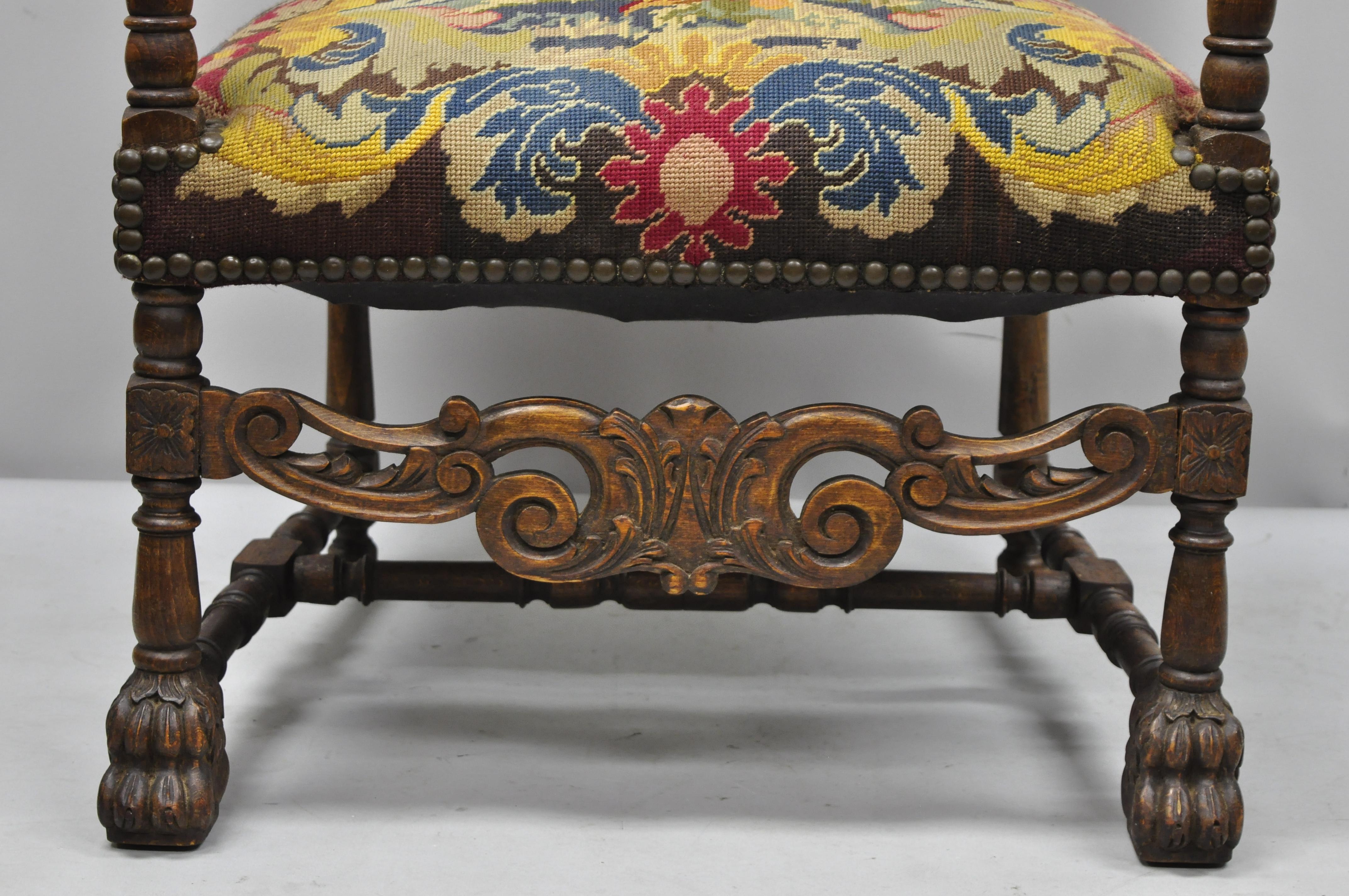 French Renaissance Needlepoint Upholstery Carved Walnut Throne Armchair For Sale 1