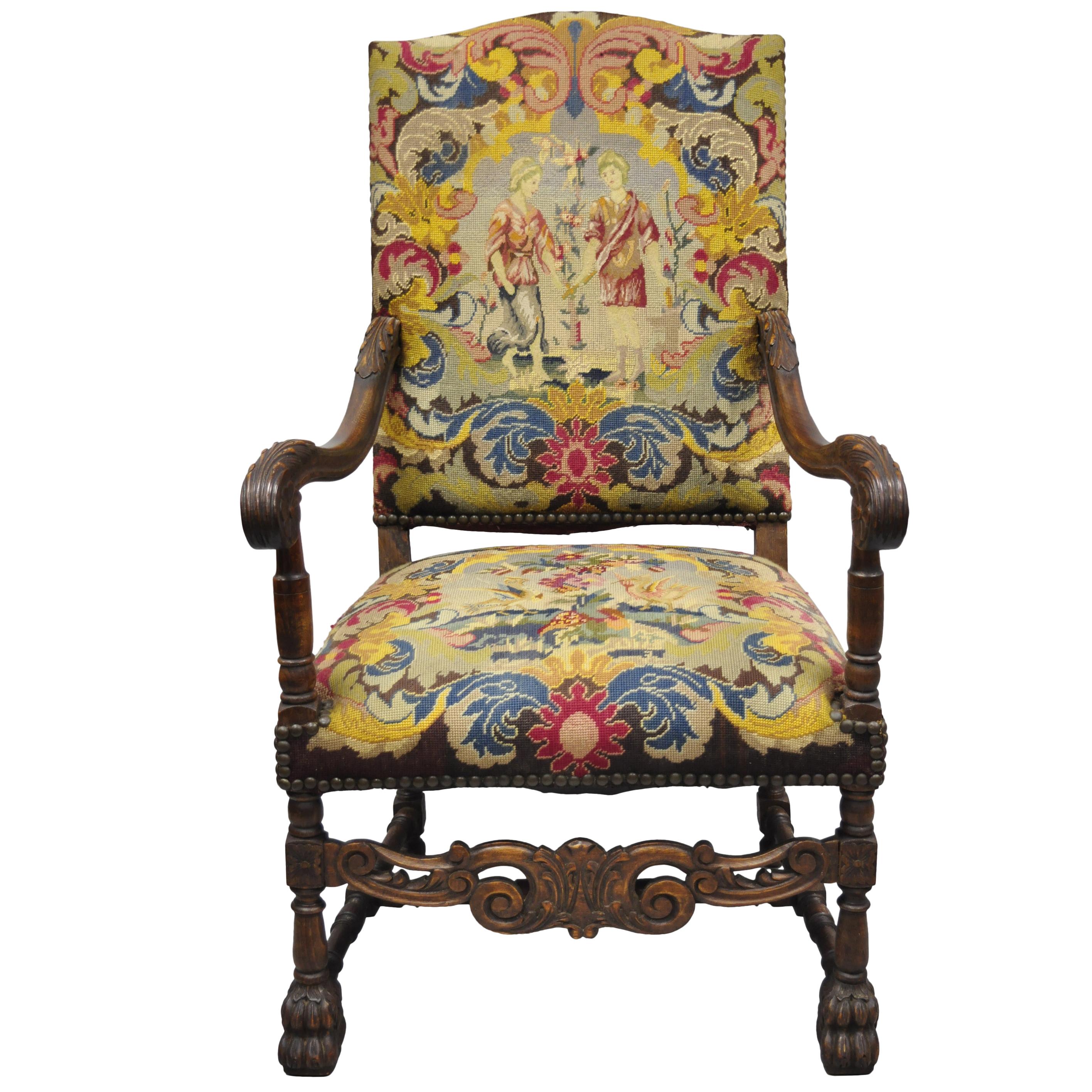 French Renaissance Needlepoint Upholstery Carved Walnut Throne Armchair For Sale