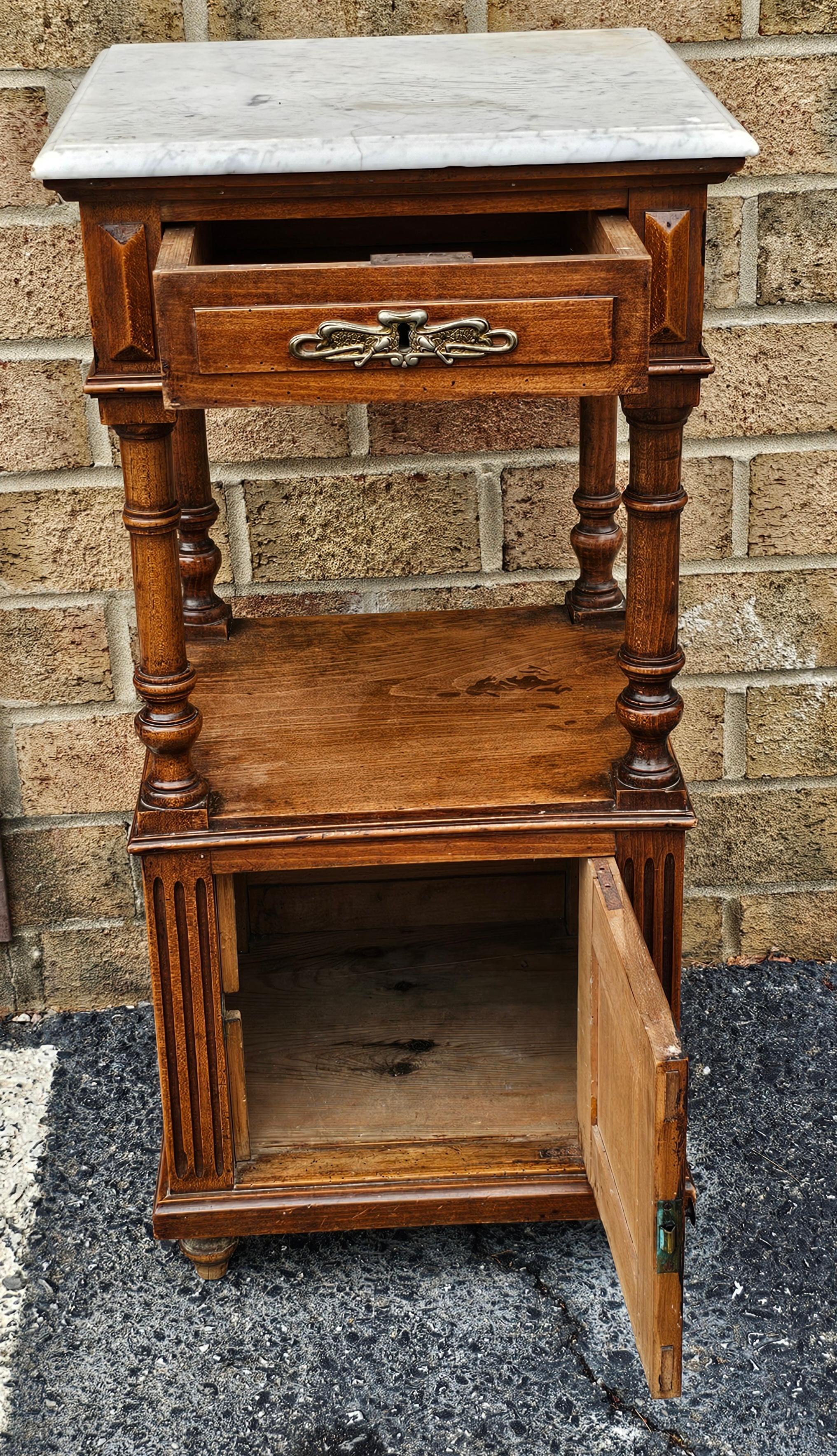 American 19th C. French Renaissance Revival Walnut and Marble Top Bedside Table For Sale