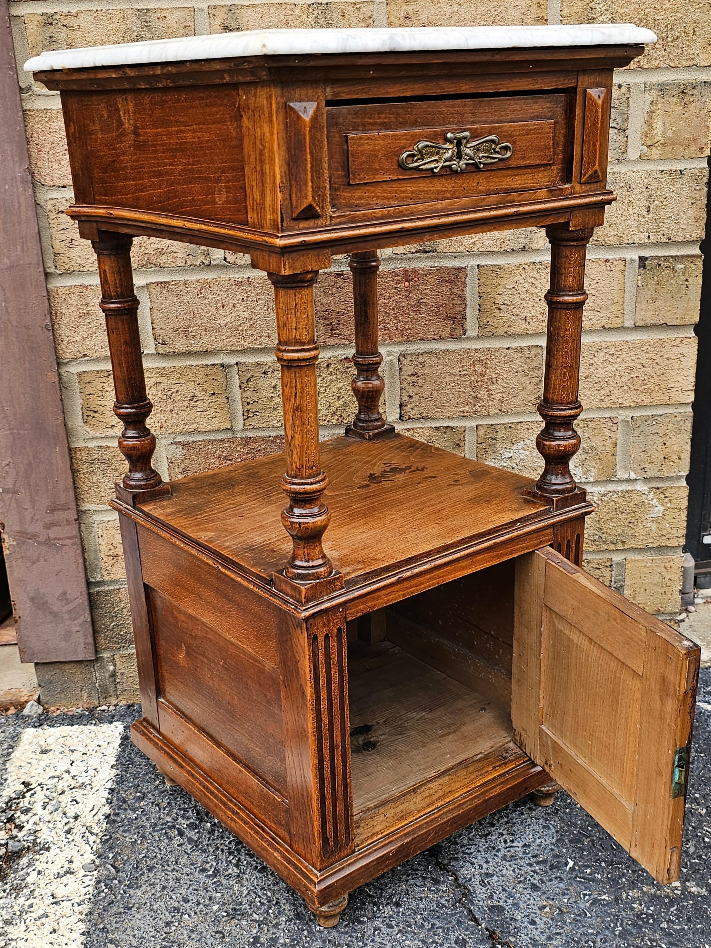 Stained 19th C. French Renaissance Revival Walnut and Marble Top Bedside Table For Sale