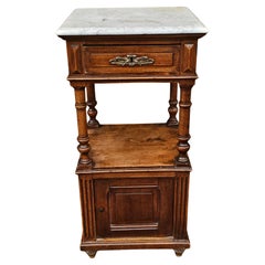 19th C. French Renaissance Revival Walnut and Marble Top Bedside Table