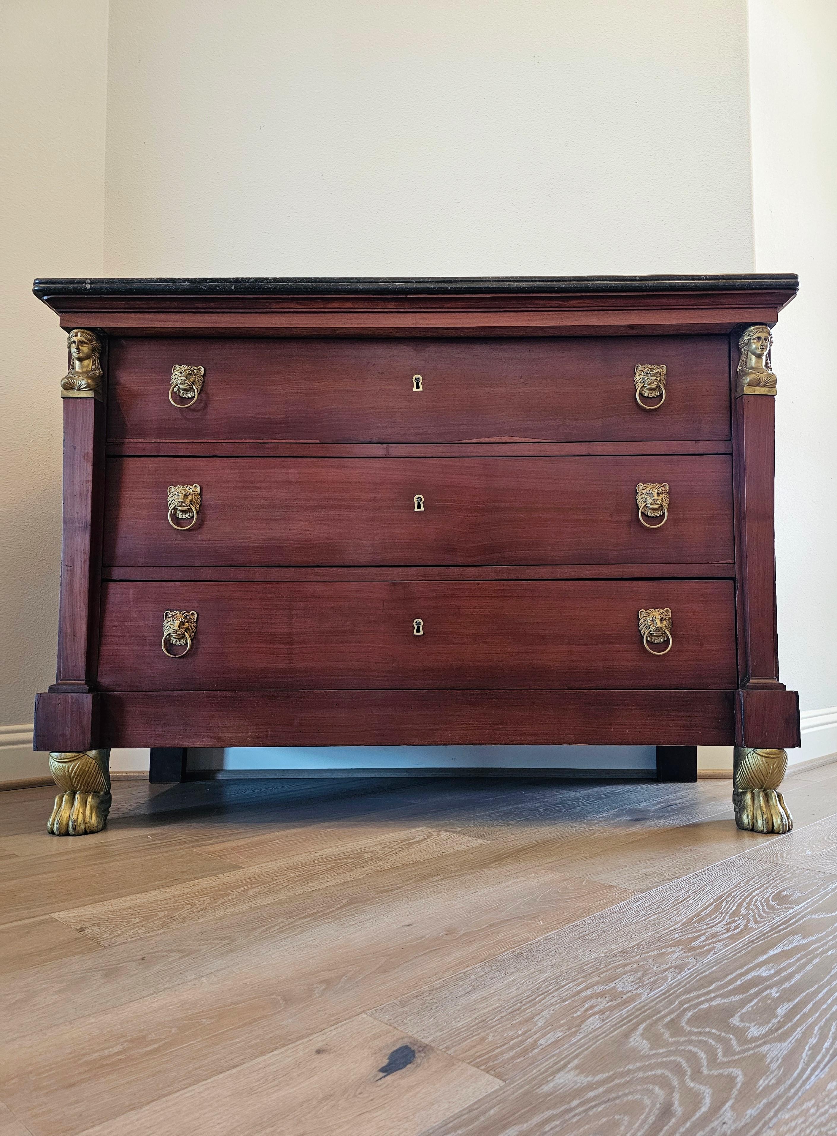 Hand-Carved 19th C. French Restoration Period Empire Style Mahogany Chest Of Drawers Commode For Sale