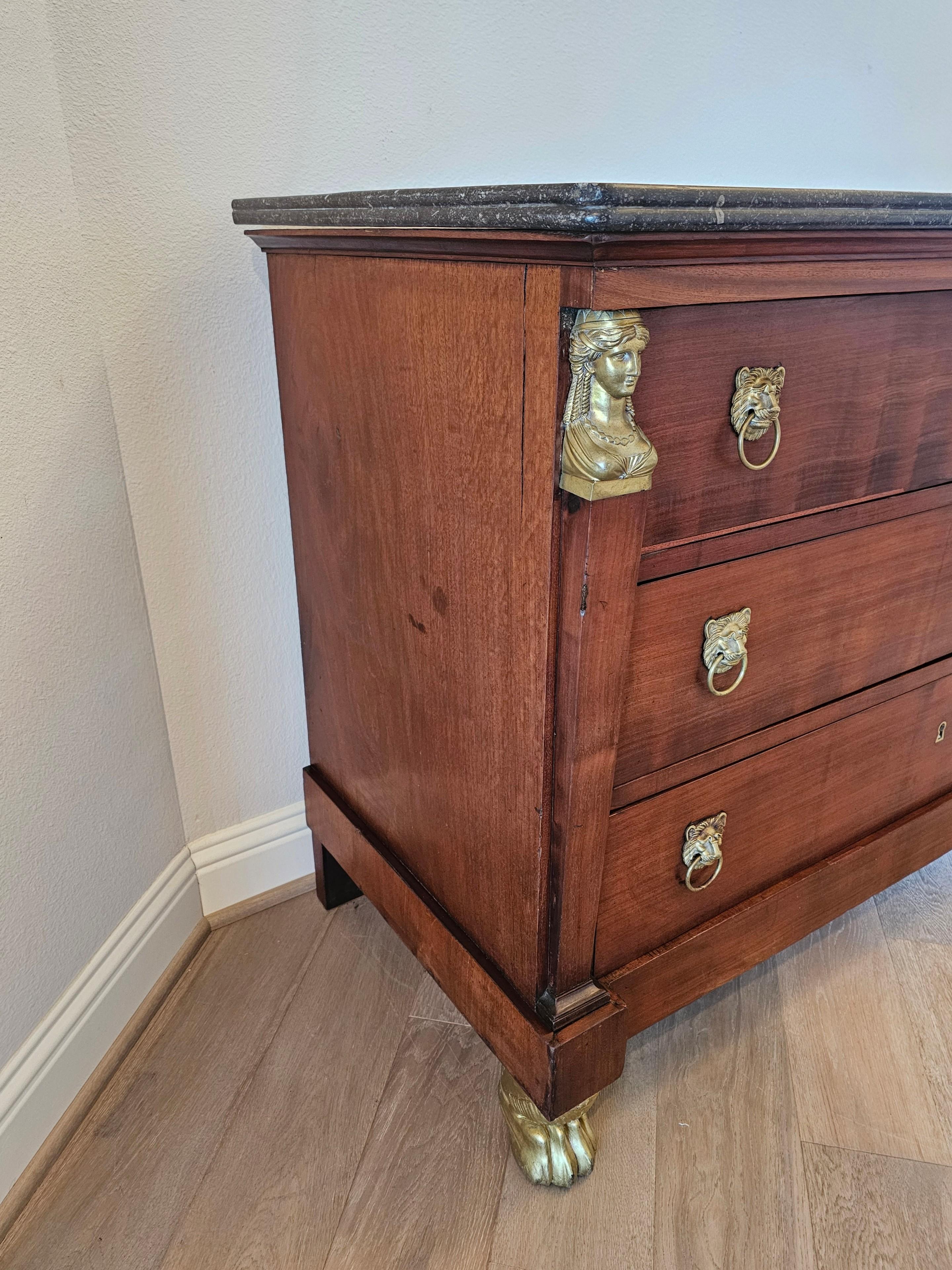 Brass 19th C. French Restoration Period Empire Style Mahogany Chest Of Drawers Commode For Sale