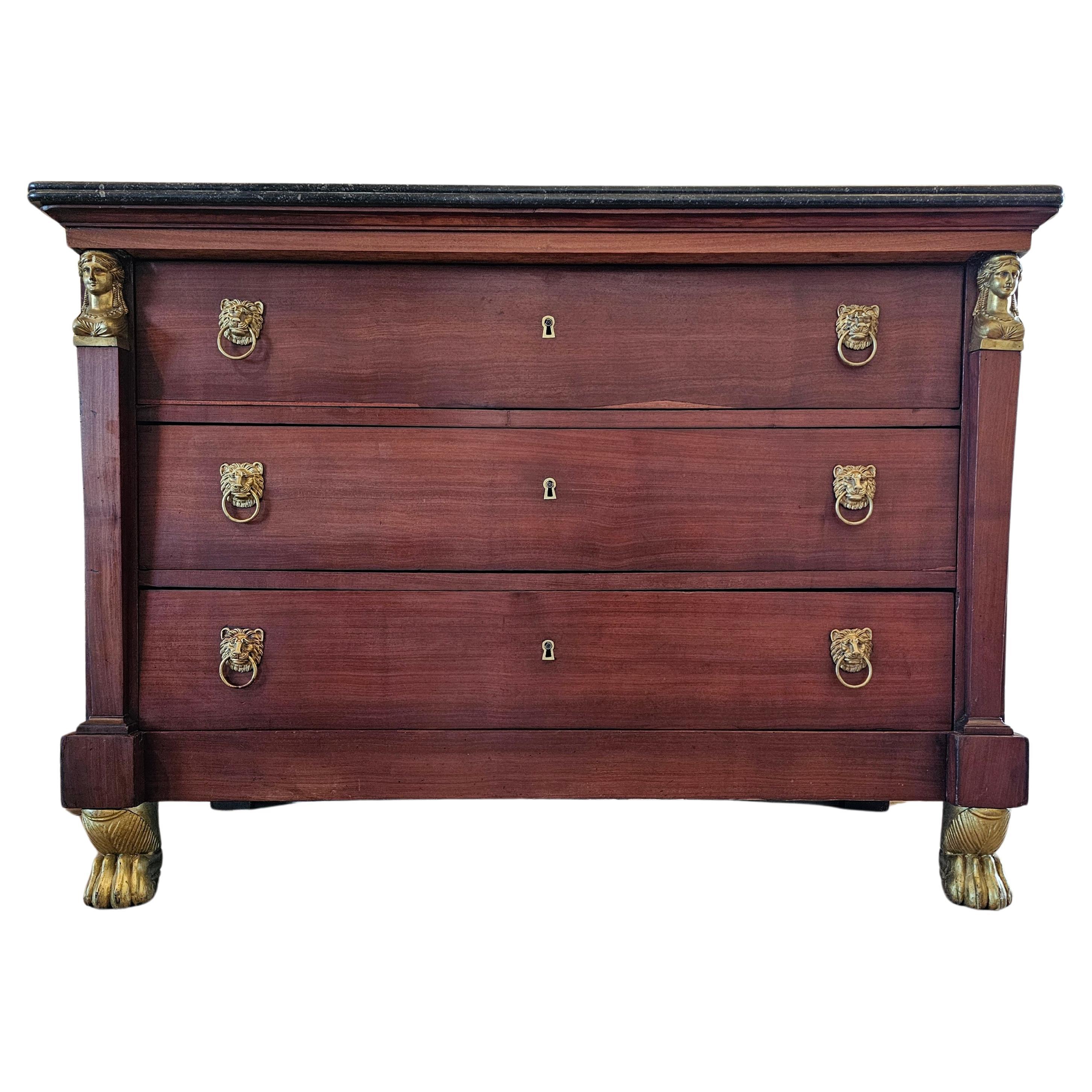 19th C. French Restoration Period Empire Style Mahogany Chest Of Drawers Commode For Sale