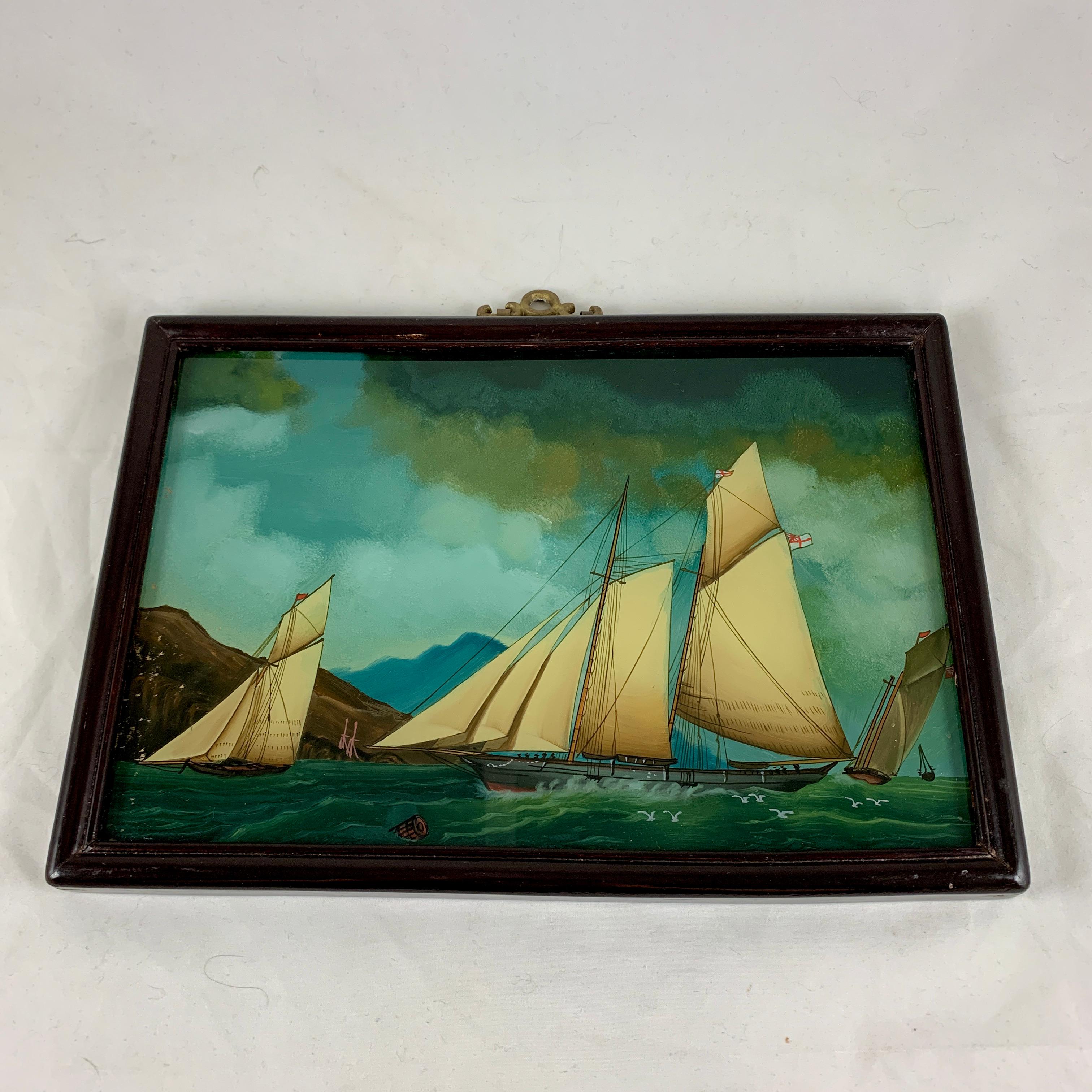 19th C. French Reverse Glass Sailboat Framed Painting, Voiliers Sur la Mer 4