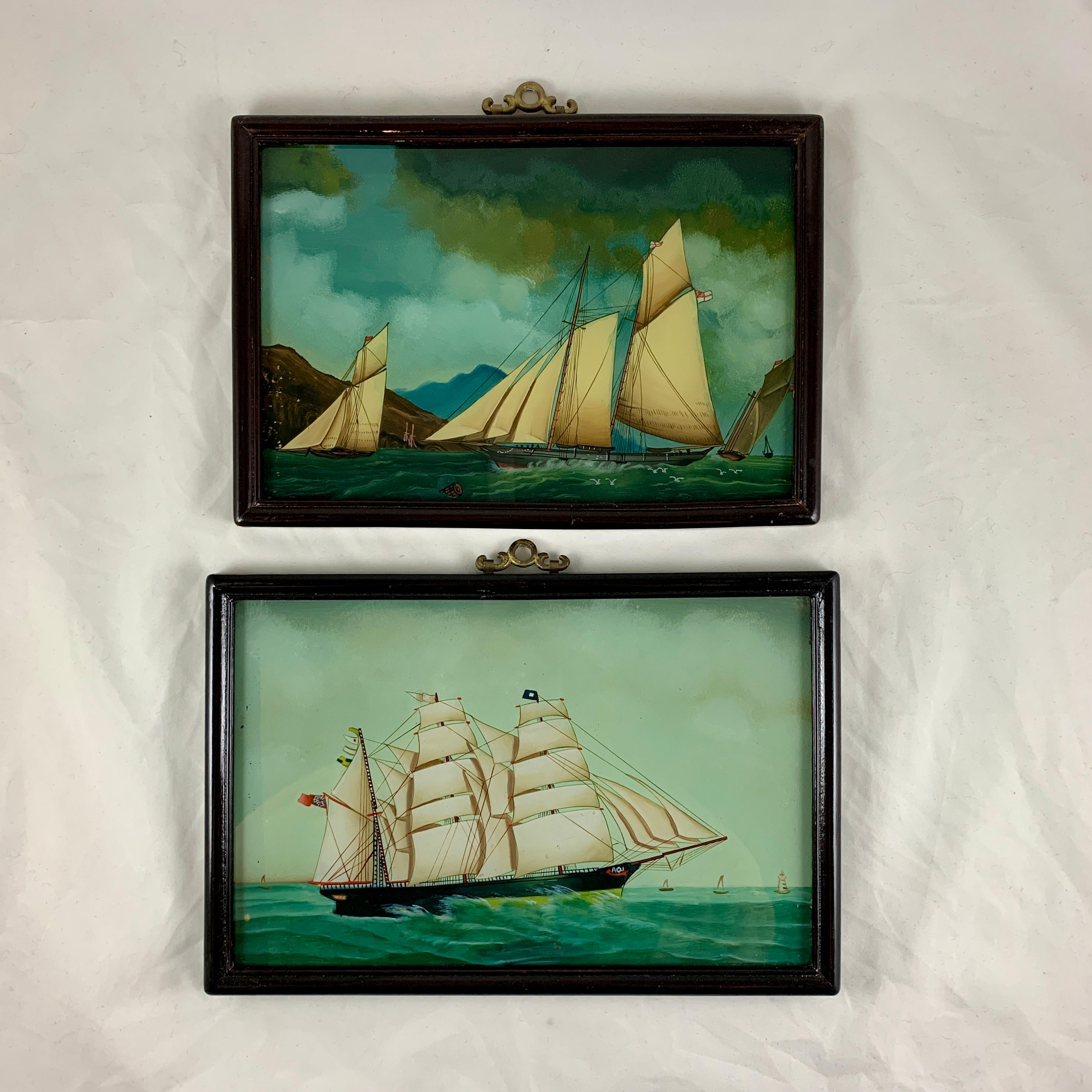 International Style 19th C. French Reverse Glass Sailboat Framed Painting, Voiliers Sur la Mer