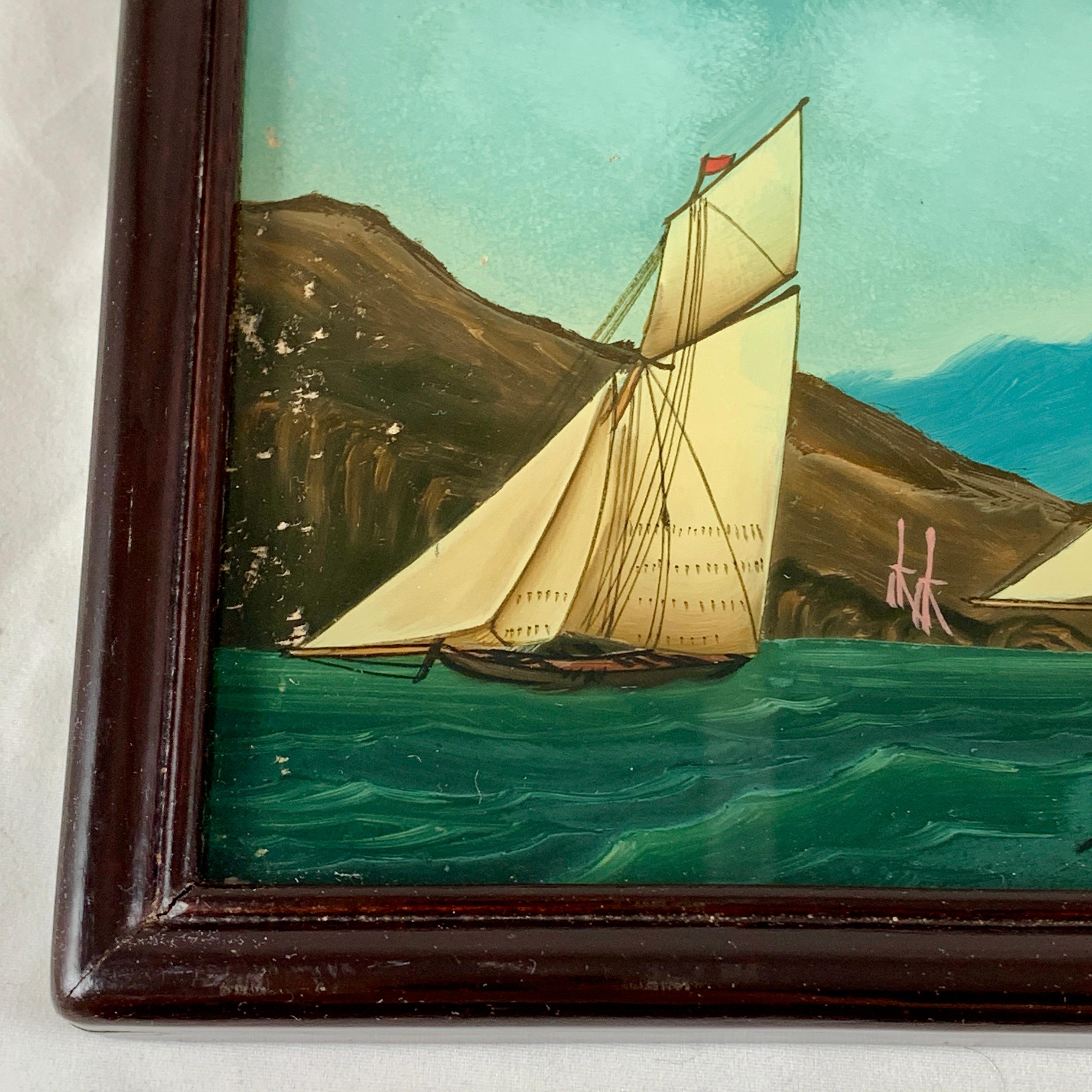 19th C. French Reverse Glass Sailboat Framed Painting, Voiliers Sur la Mer 1