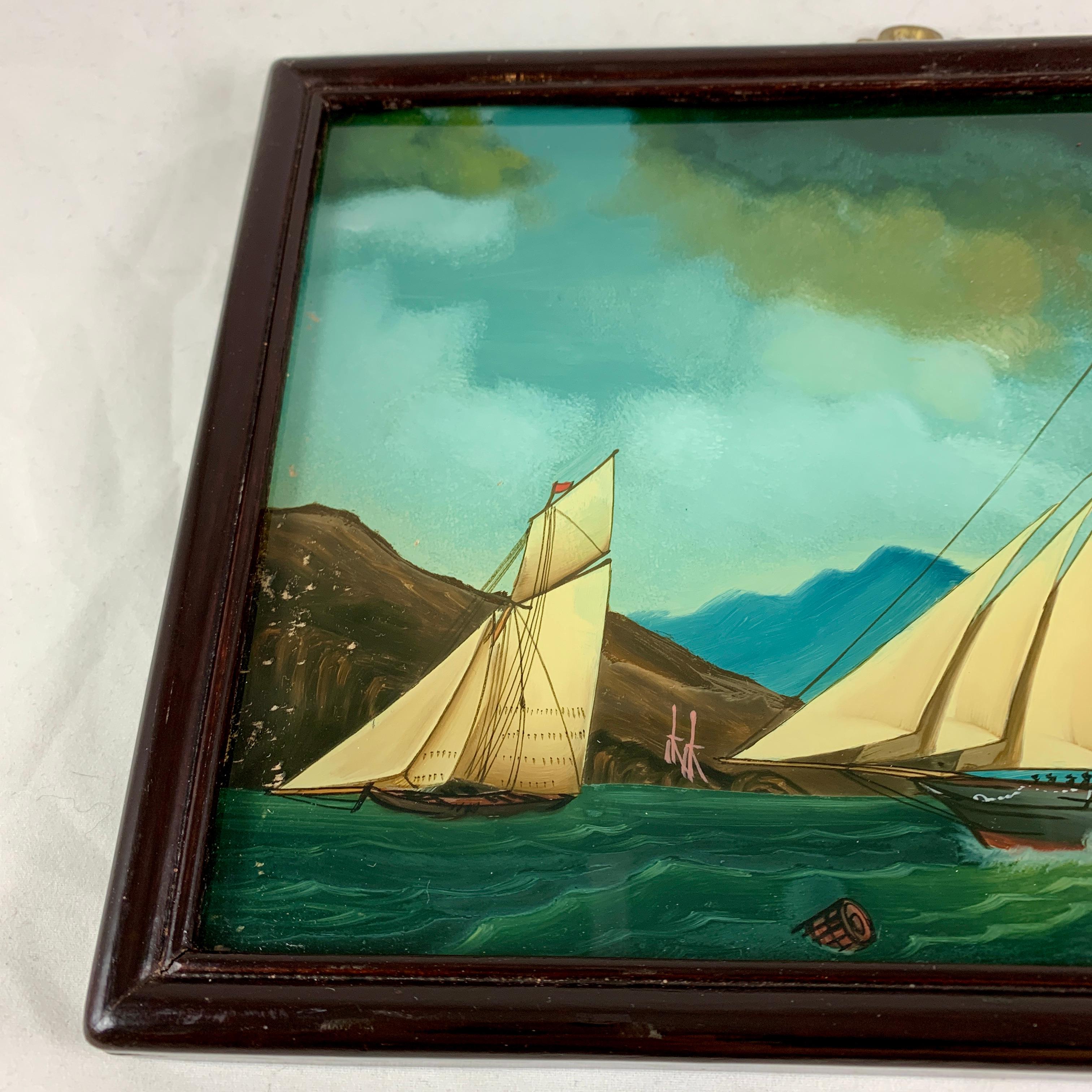 19th C. French Reverse Glass Sailboat Framed Painting, Voiliers Sur la Mer 2