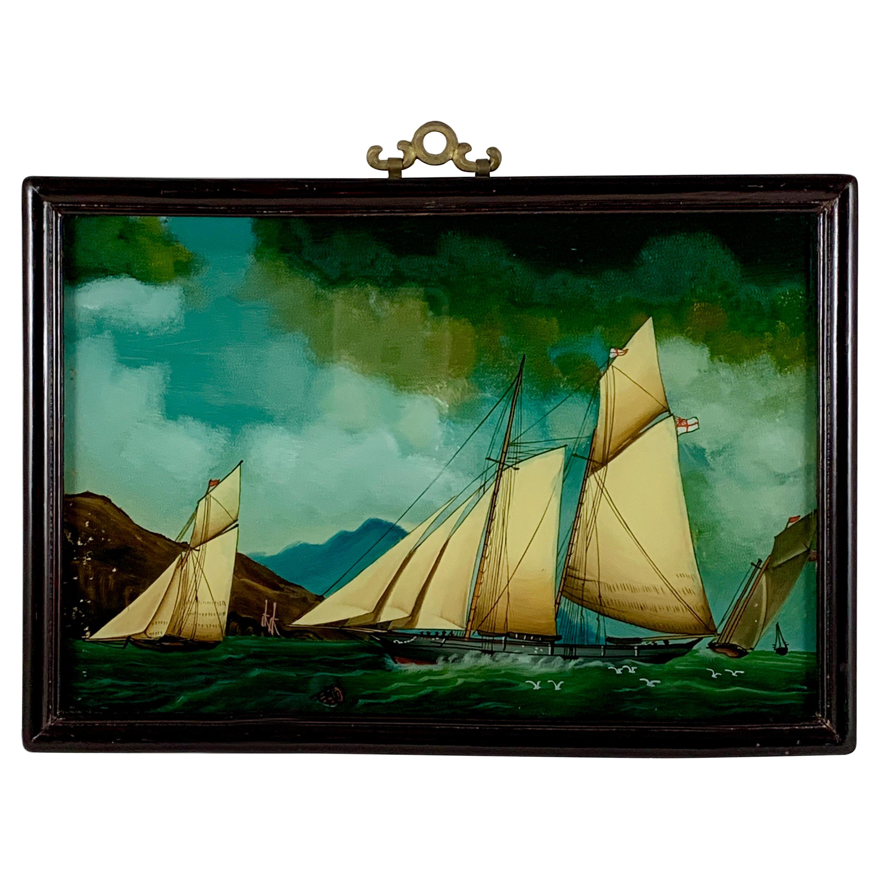 19th C. French Reverse Glass Sailboat Framed Painting, Voiliers Sur la Mer