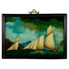 Antique 19th C. French Reverse Glass Sailboat Framed Painting, Voiliers Sur la Mer