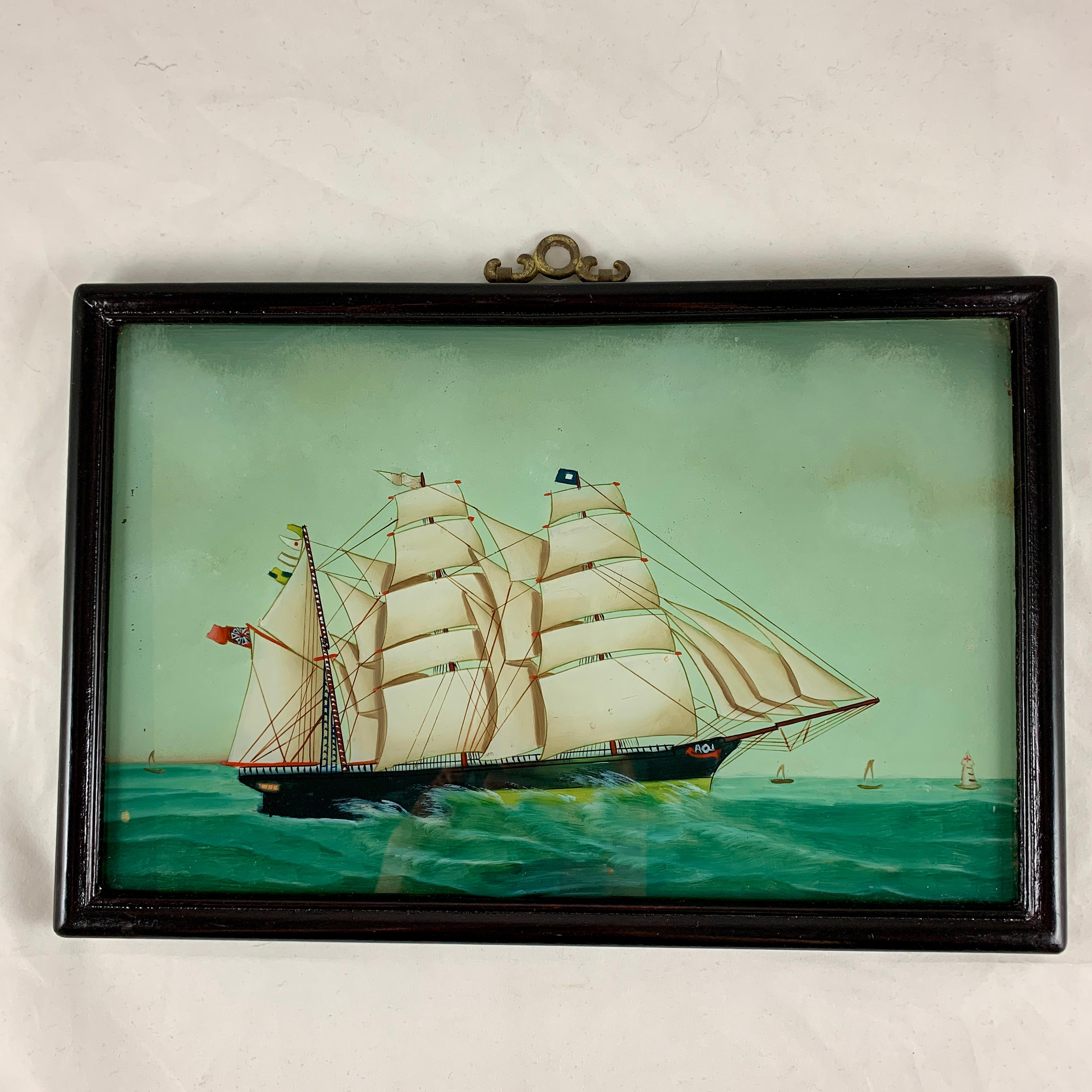 From France, a nautical theme reverse glass painting of a 19th century Frigate under full sail on the sea – “Frigate Sur la Mer.” circa late 19th – early 20th century.

Reverse painting on glass is a traditional art form where the artist applies