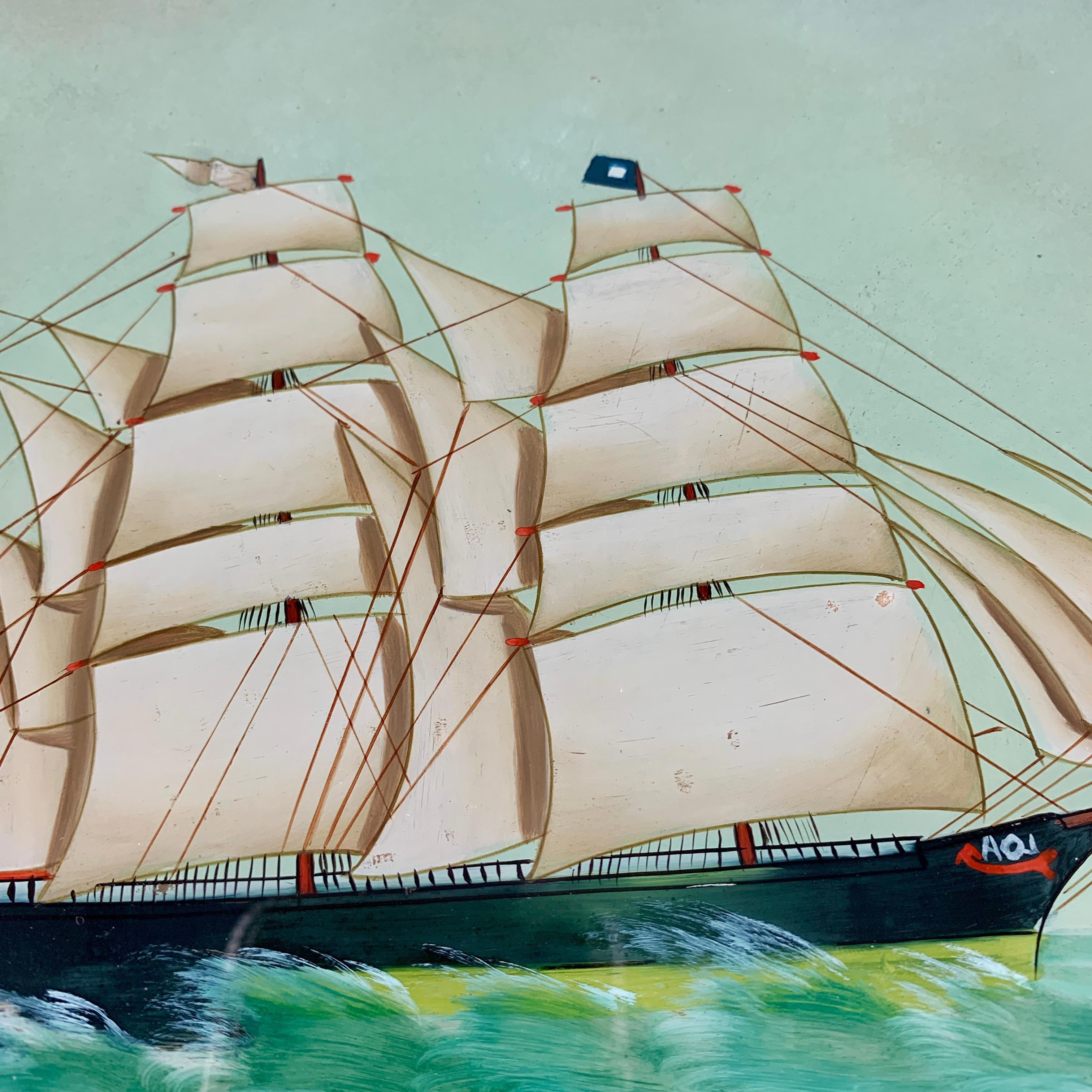 19th C. French Reverse Glass Sailboat Painting, Nautical Frigate Sur la Mer In Good Condition In Philadelphia, PA
