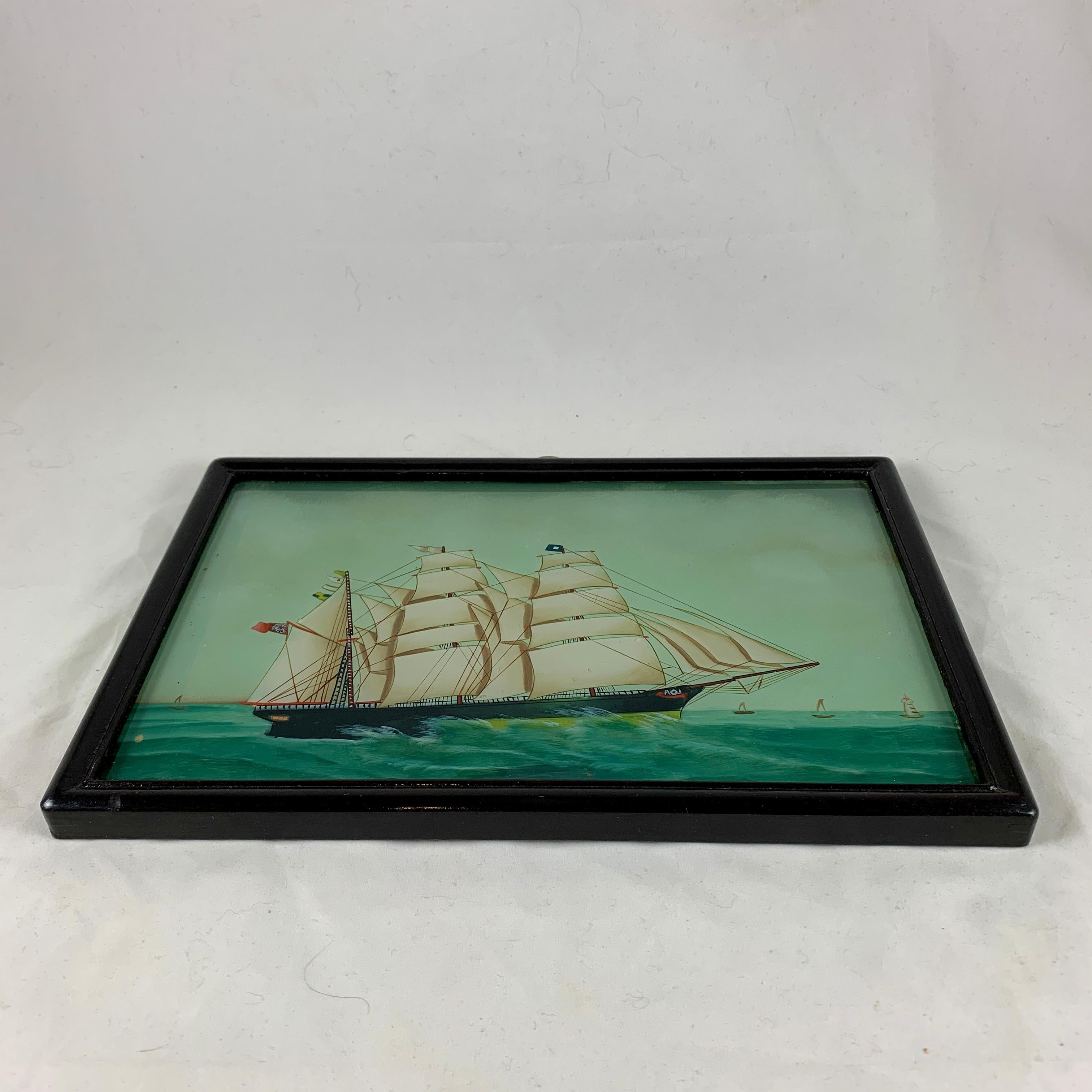 19th Century 19th C. French Reverse Glass Sailboat Painting, Nautical Frigate Sur la Mer